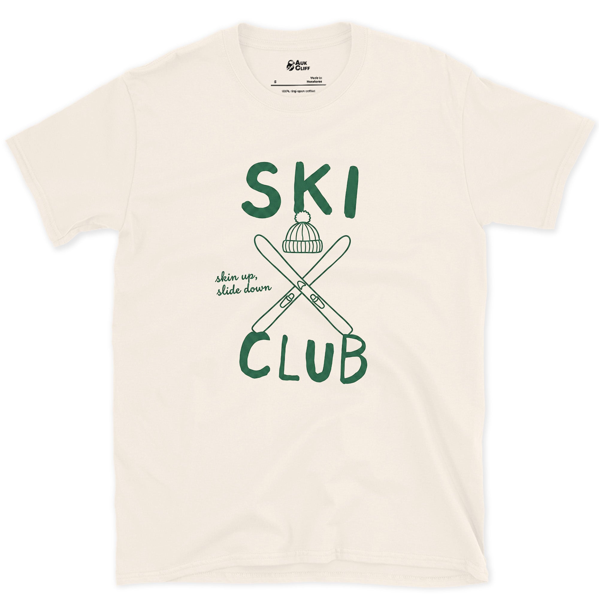 Ski Club Split Around Skis and a Beanie design on a Natural Gildan Softstyle t-shirt