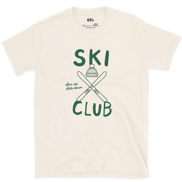 Ski Club Split Around Skis and a Beanie design on a Natural Gildan Softstyle t-shirt