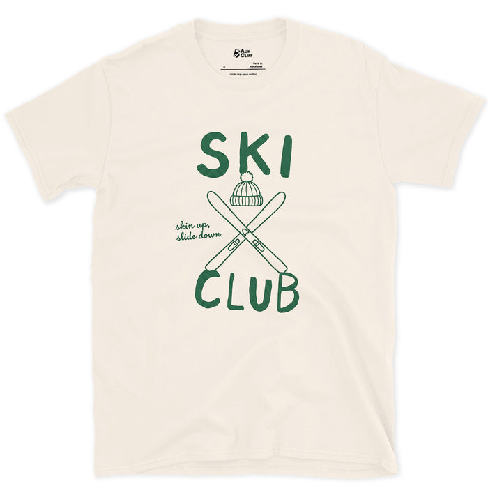 Ski Club Split Around Skis and a Beanie design on a Natural Gildan Softstyle t-shirt