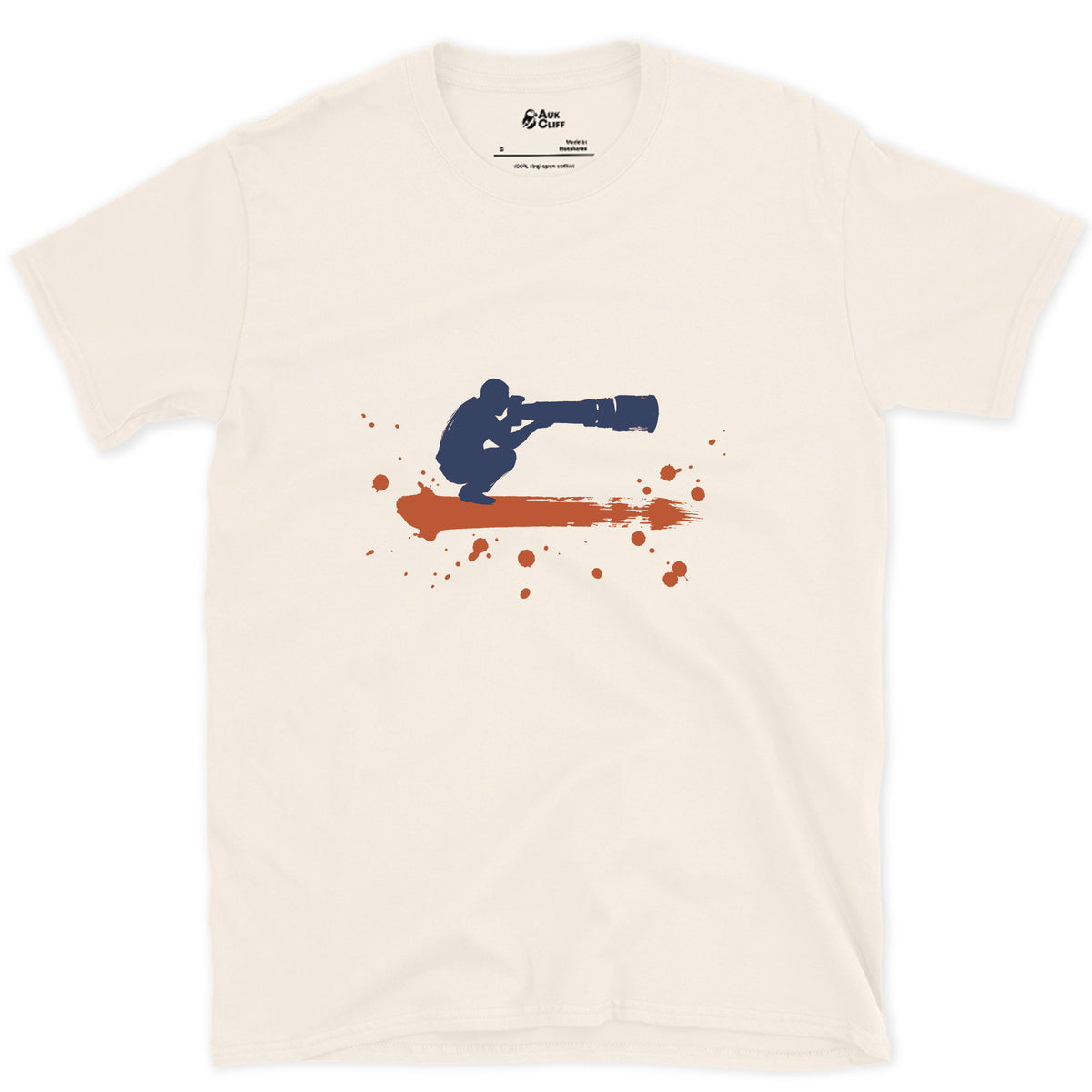 Crouched Behind the Lens design on a Natural Gildan Softstyle t-shirt