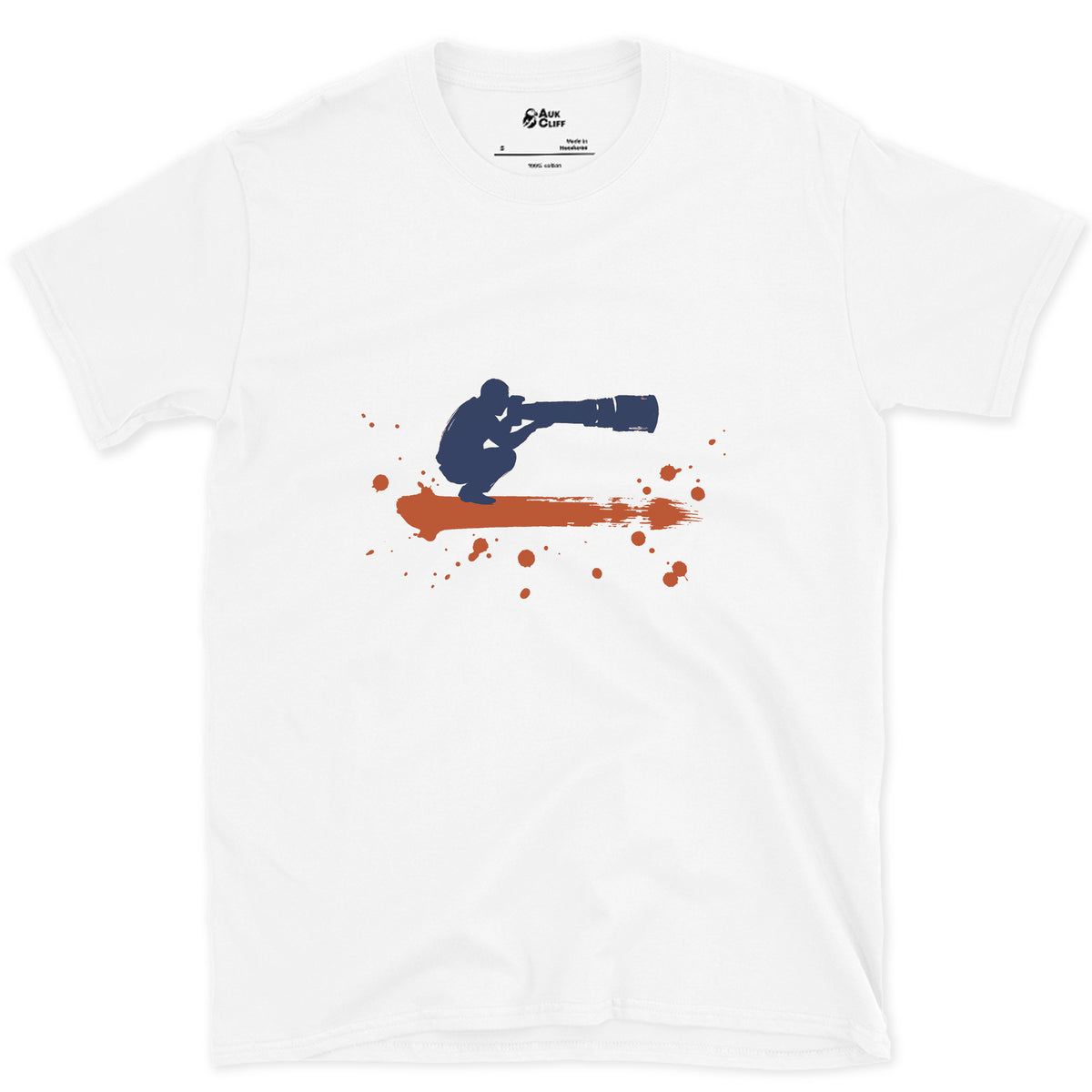 Crouched Behind the Lens design on a White Gildan Softstyle t-shirt