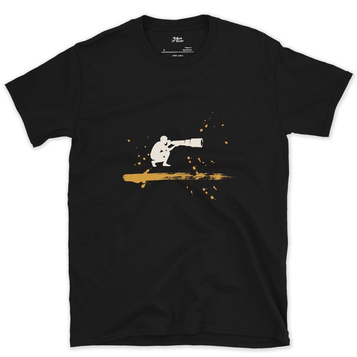 Crouched Behind the Lens design on a Black Gildan Softstyle t-shirt