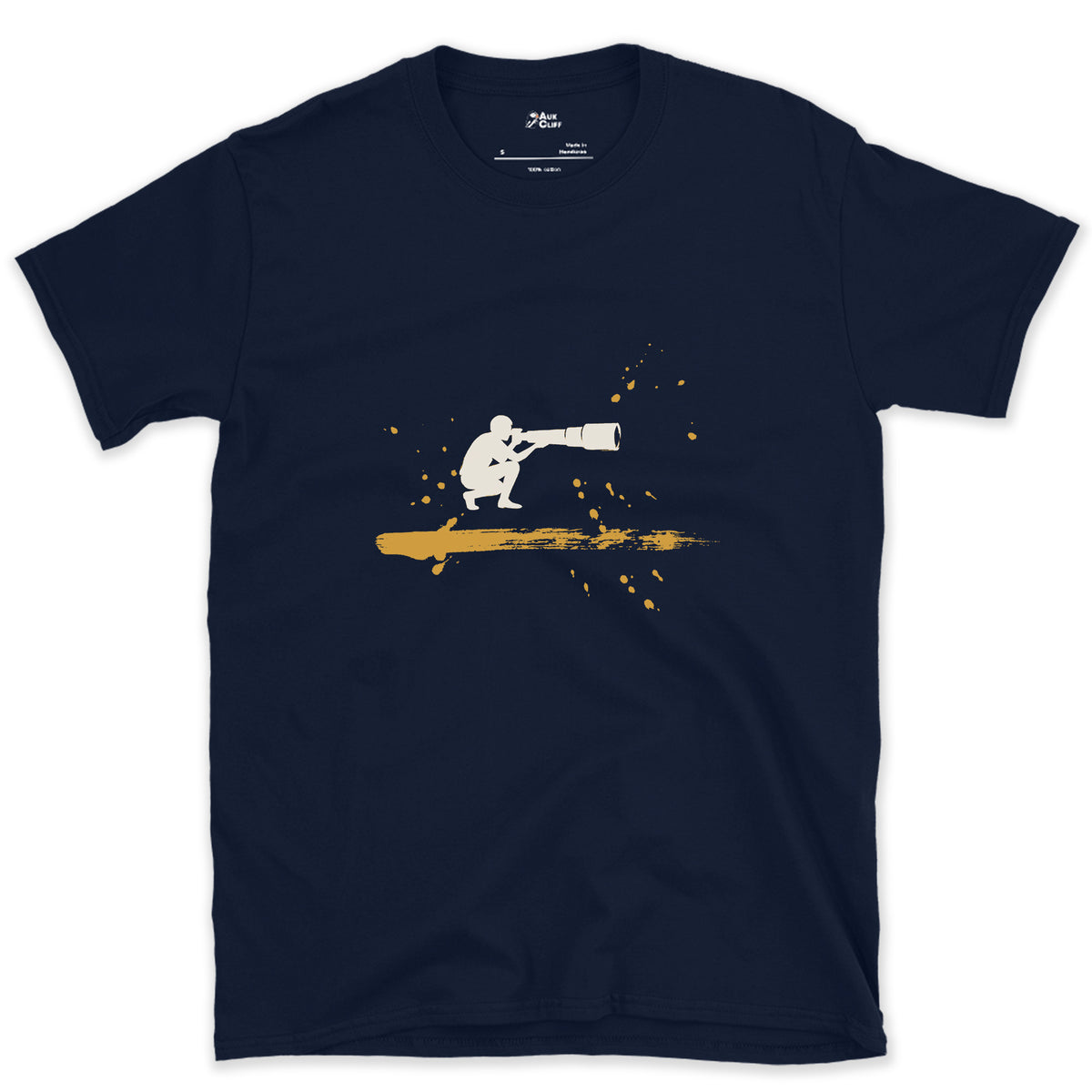 Crouched Behind the Lens design on a Navy Gildan Softstyle t-shirt