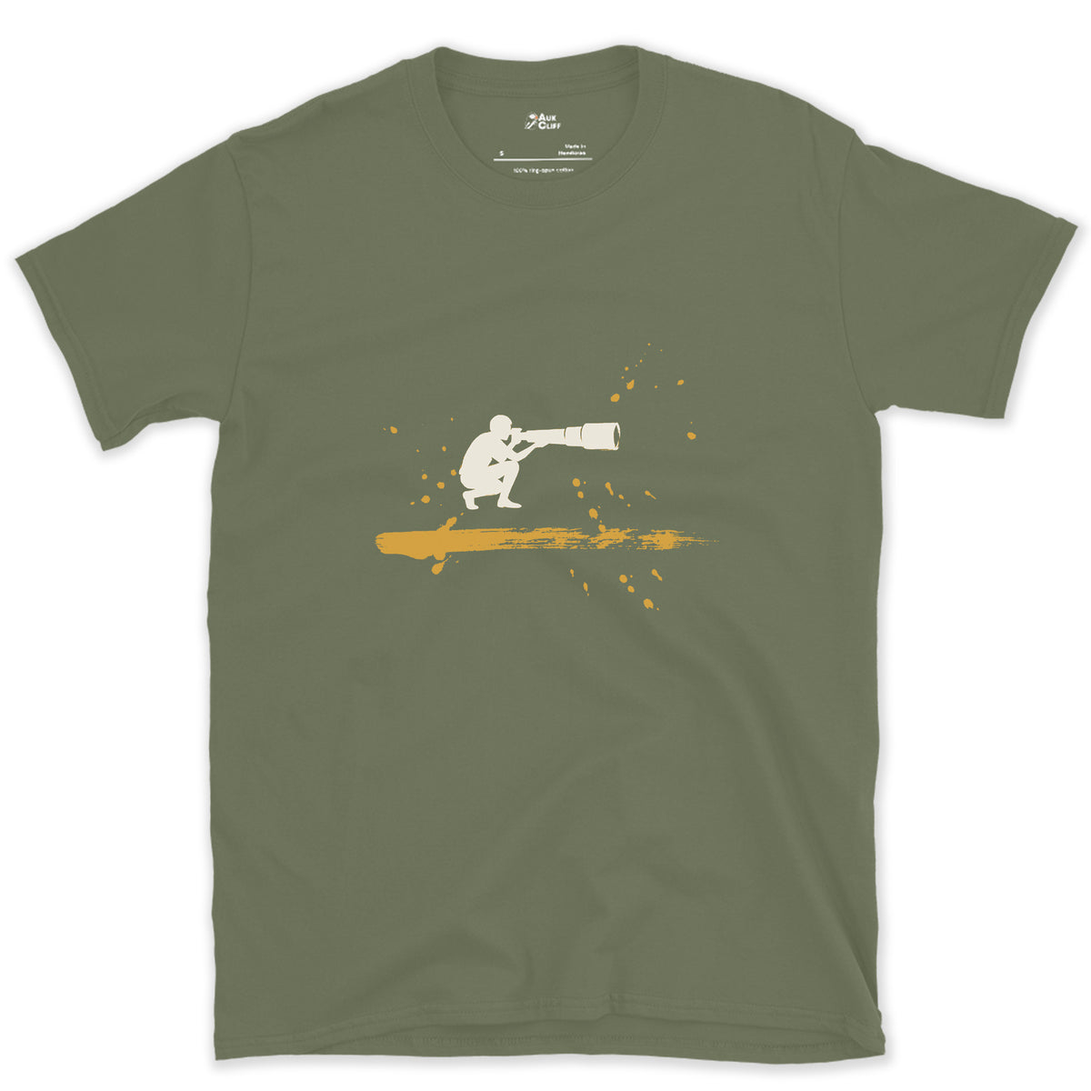Crouched Behind the Lens design on a Military Green Gildan Softstyle t-shirt