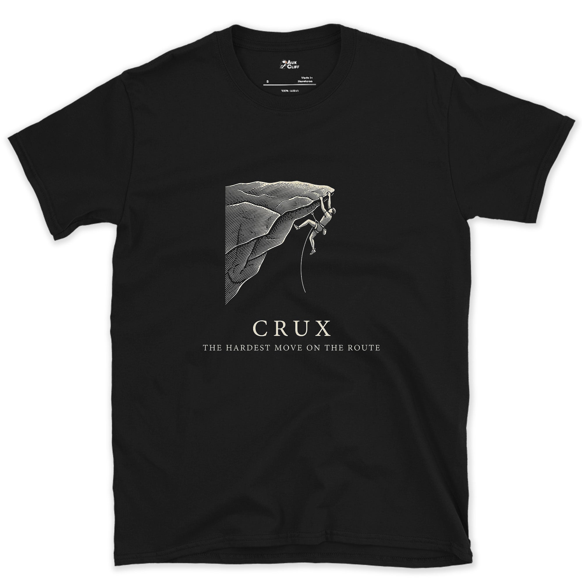 Crux Decides Whether the Climb Happens design on a Black Gildan Softstyle t-shirt