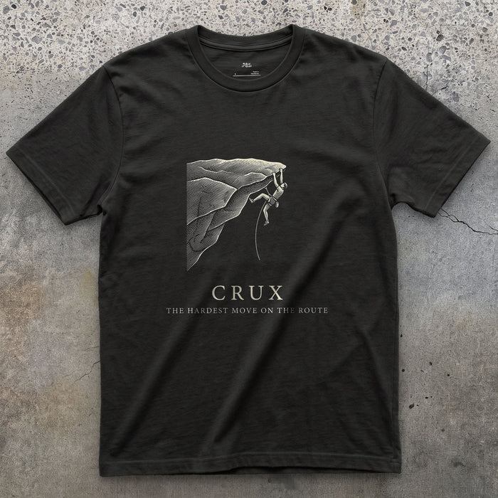Crux Decides Whether the Climb Happens design on a Black Gildan Softstyle t-shirt