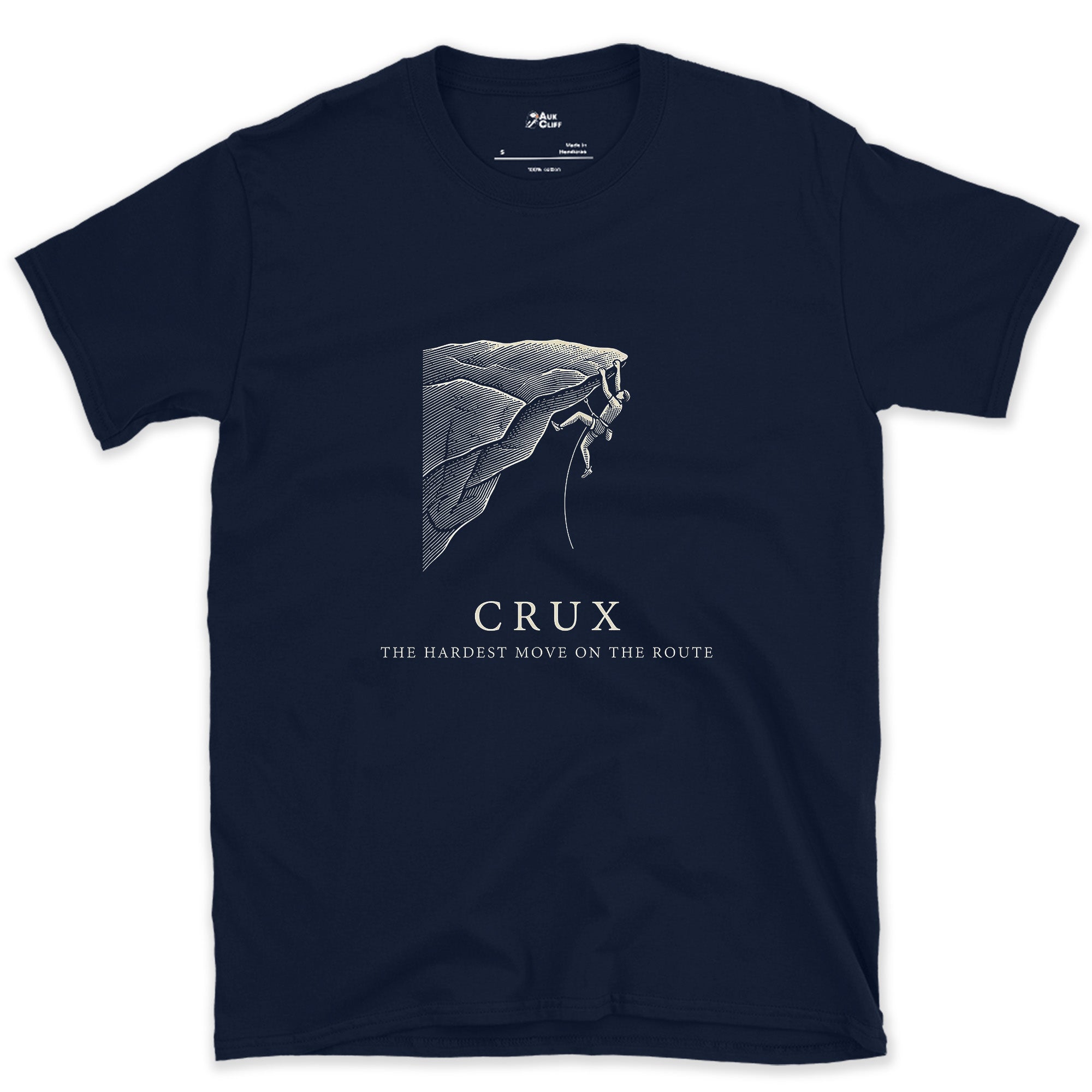 Crux Decides Whether the Climb Happens design on a Navy Gildan Softstyle t-shirt