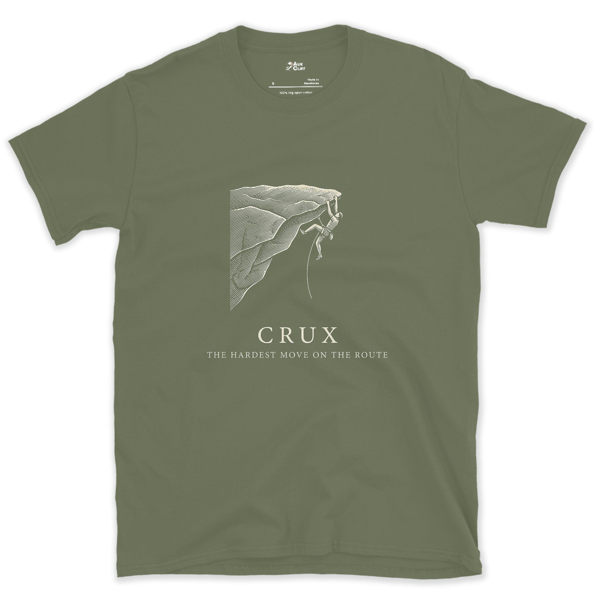 Crux Decides Whether the Climb Happens design on a Military Green Gildan Softstyle t-shirt
