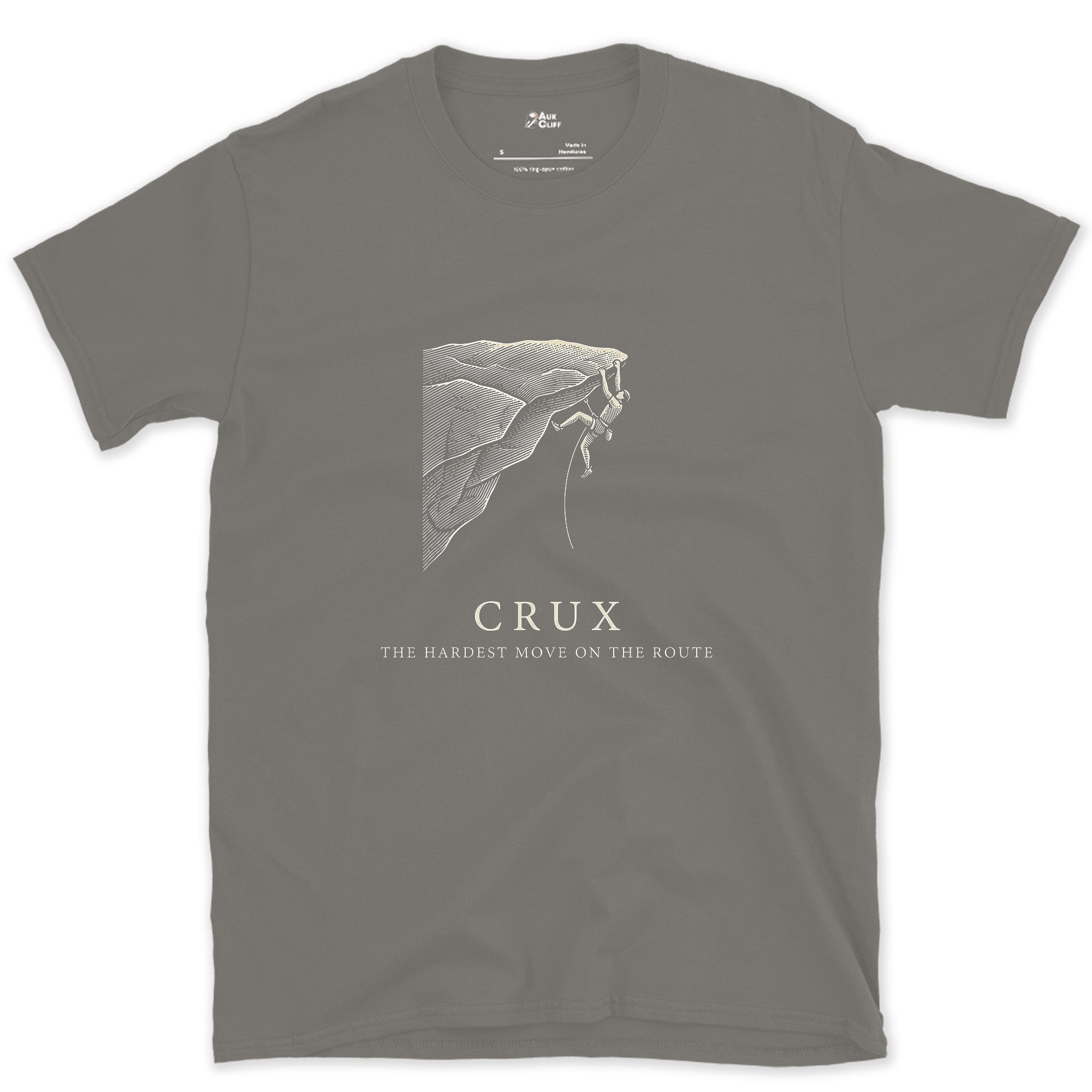 Crux Decides Whether the Climb Happens design on a Charcoal Gildan Softstyle t-shirt