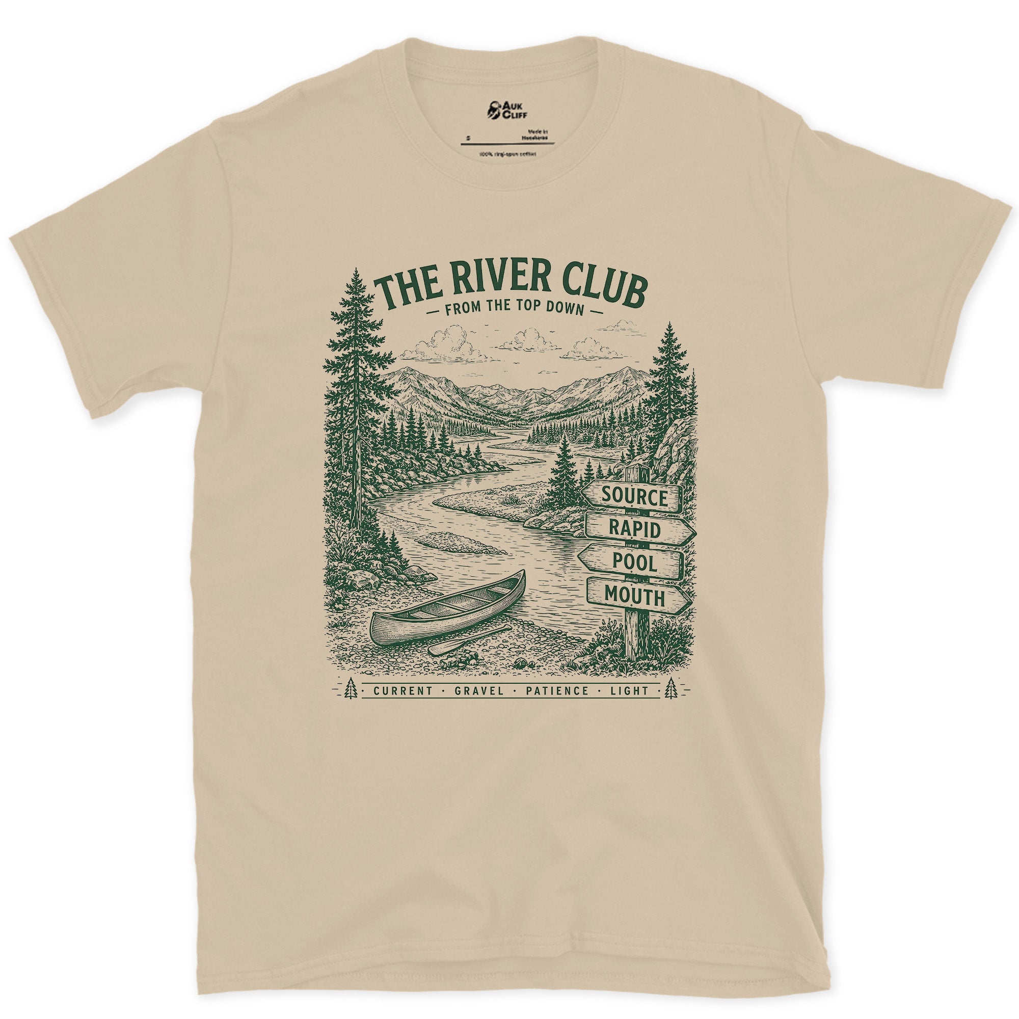 The River Club, Source to Mouth design on a Sand Gildan Softstyle t-shirt