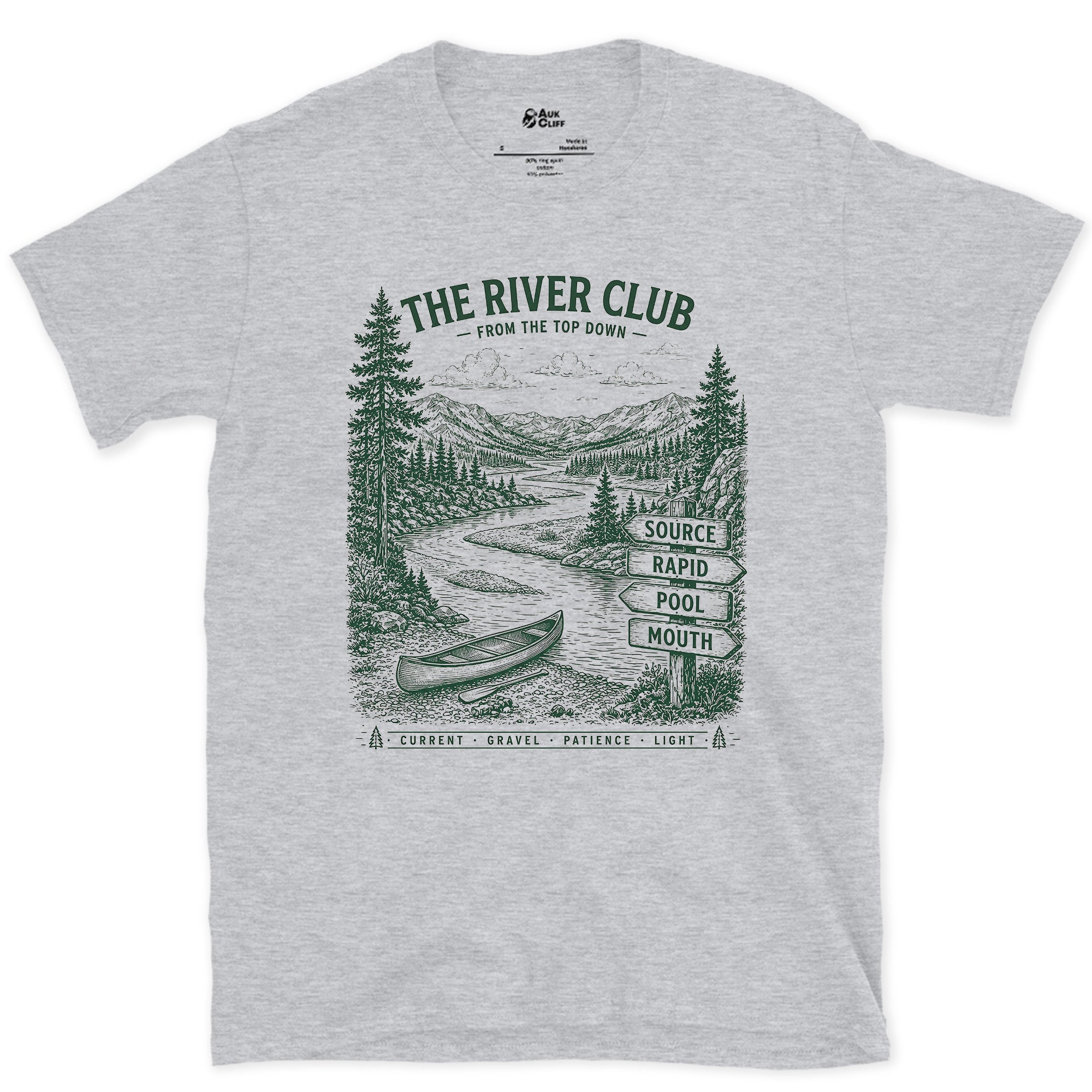The River Club, Source to Mouth design on a Sport Grey Gildan Softstyle t-shirt