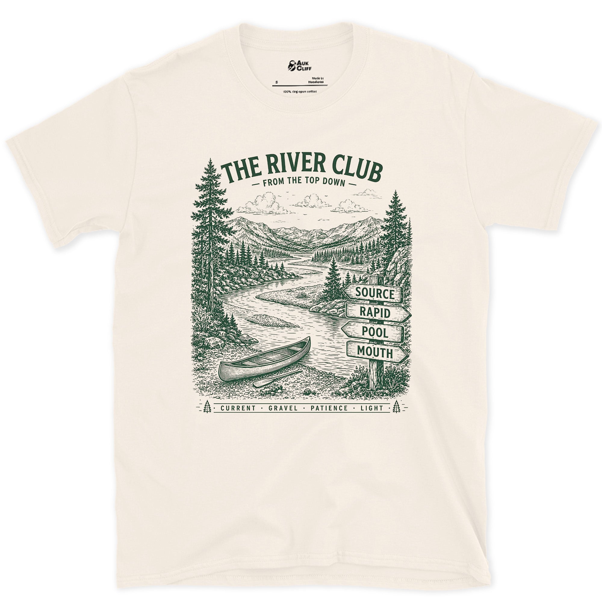 The River Club, Source to Mouth design on a Natural Gildan Softstyle t-shirt