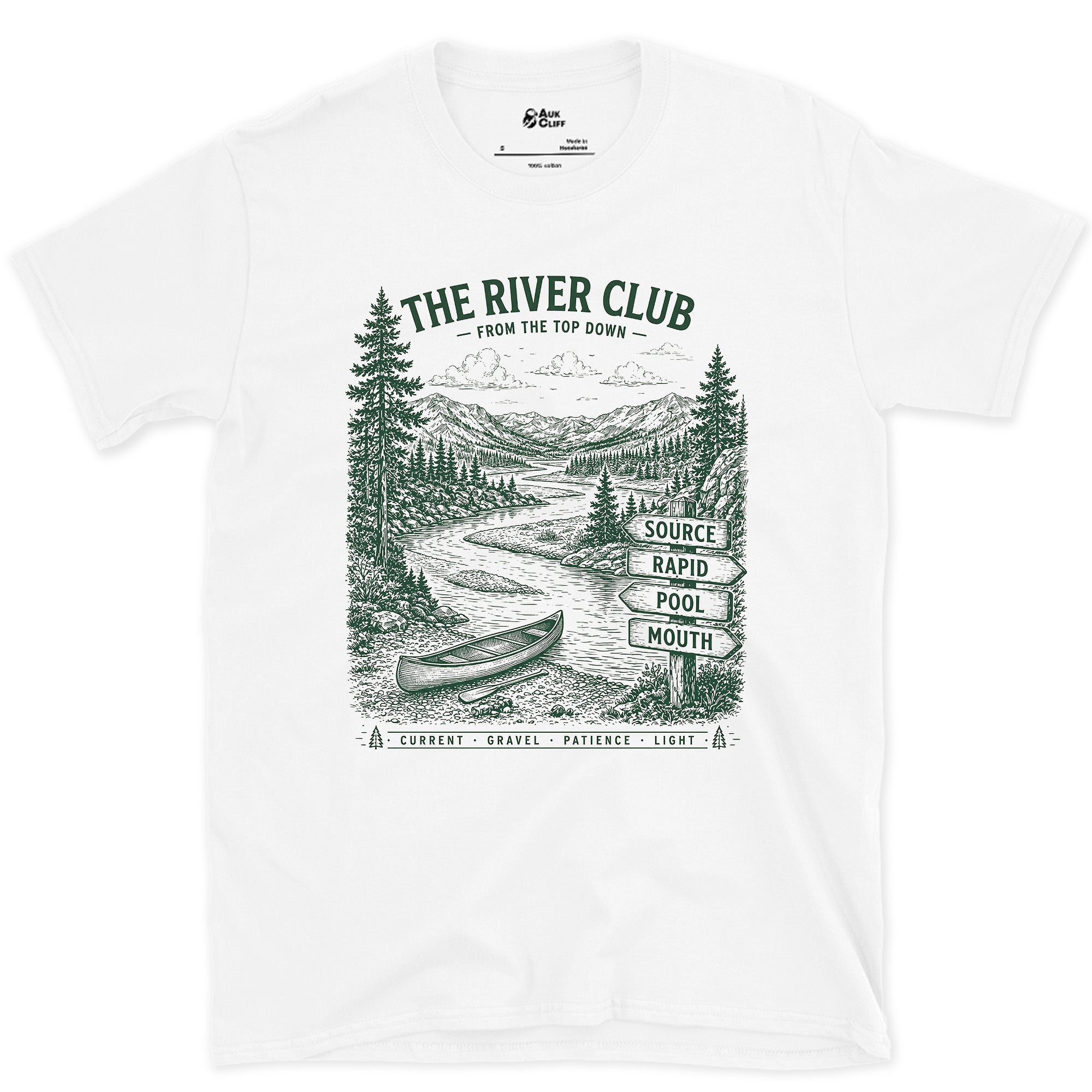 The River Club, Source to Mouth design on a White Gildan Softstyle t-shirt