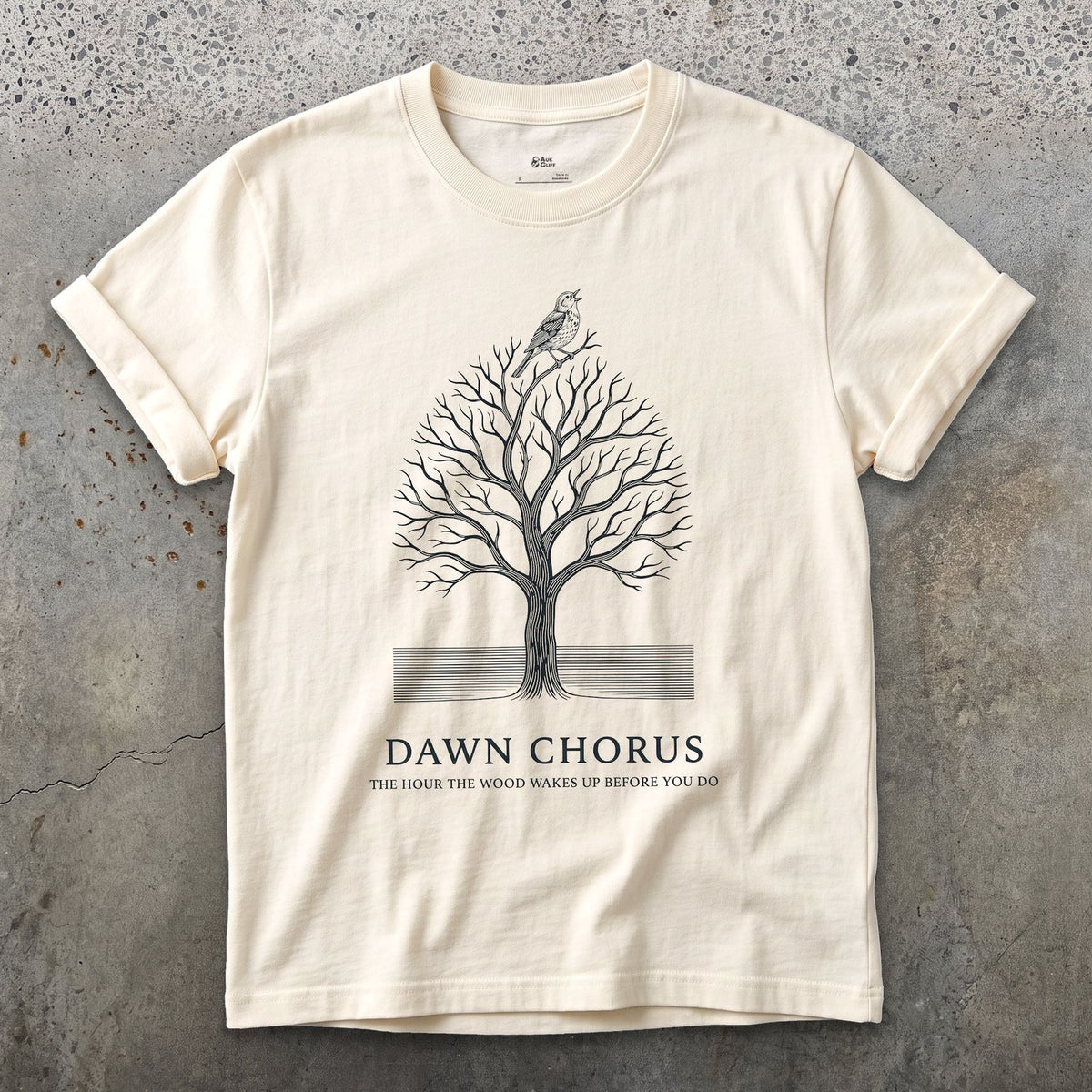 Dawn Chorus, the Hour the Wood Wakes Up Before You Do design on a Natural Gildan Softstyle t-shirt