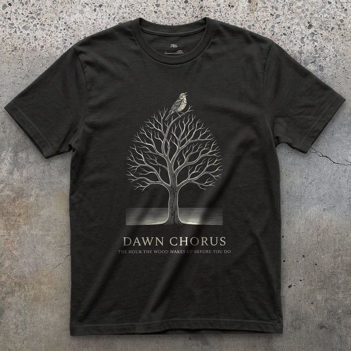 Dawn Chorus, the Hour the Wood Wakes Up Before You Do design on a Black Gildan Softstyle t-shirt
