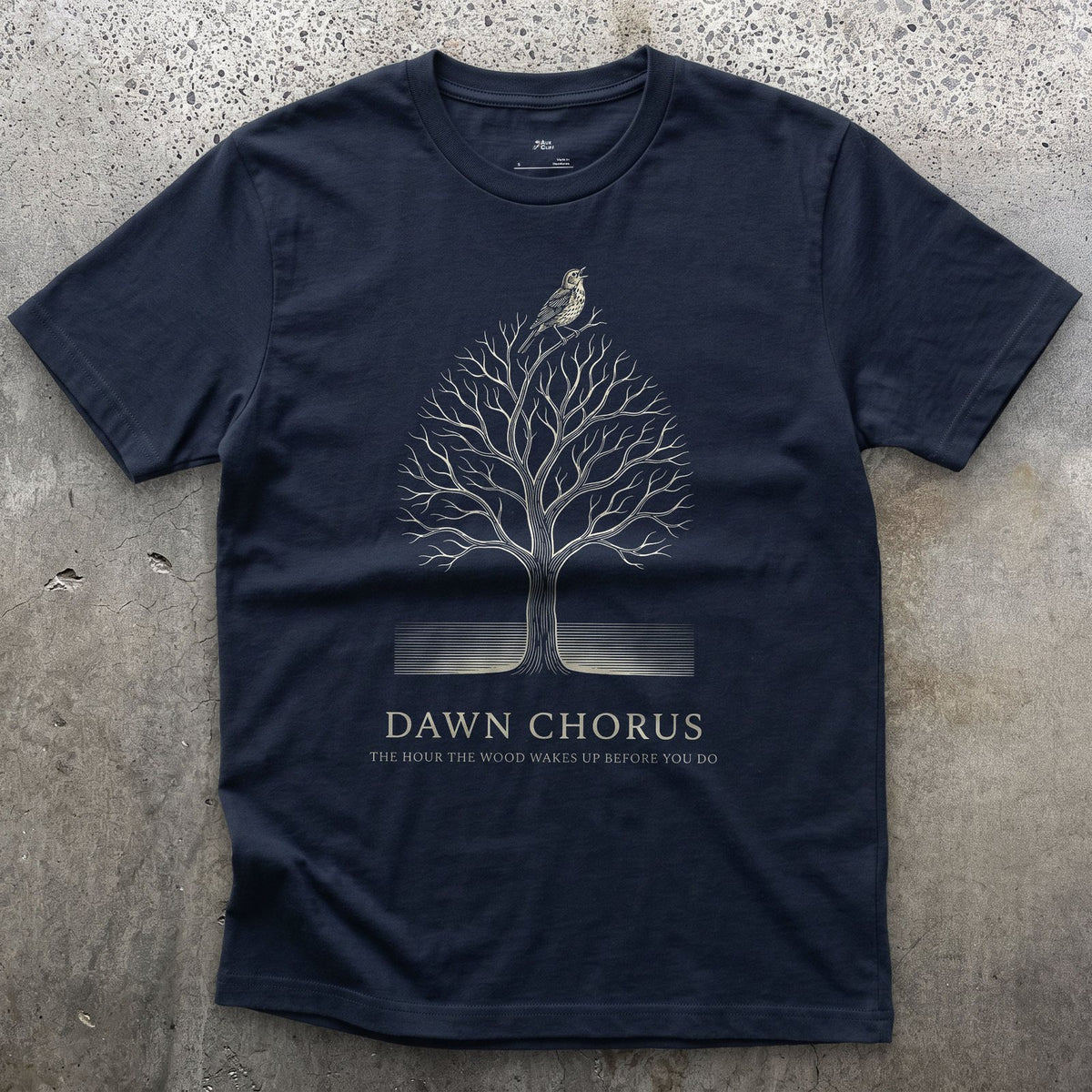 Dawn Chorus, the Hour the Wood Wakes Up Before You Do design on a Navy Gildan Softstyle t-shirt