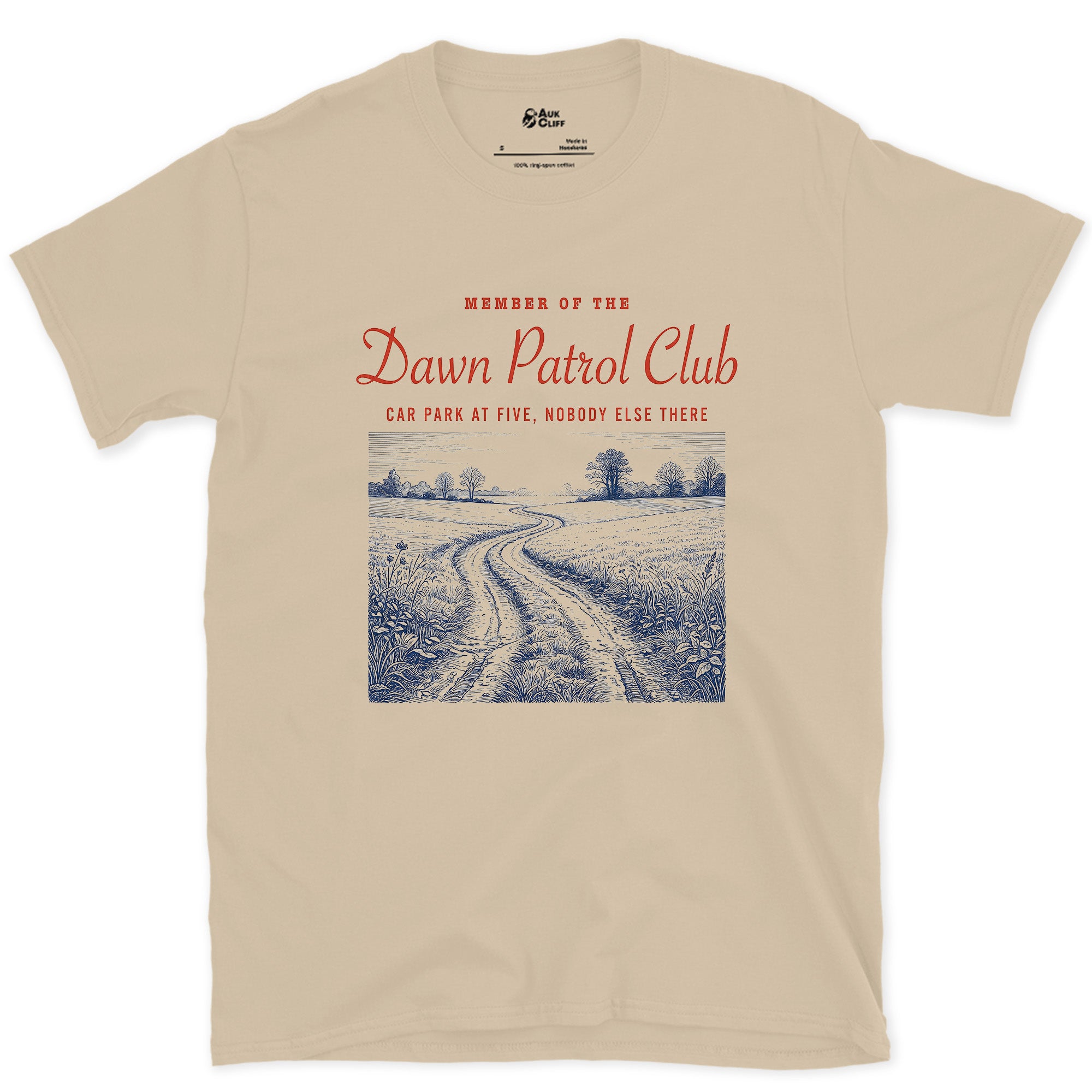 Dawn Patrol, Car Park at Five, Nobody Else There design on a Sand Gildan Softstyle t-shirt