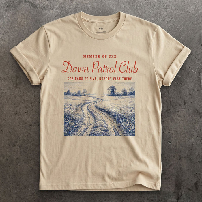Dawn Patrol, Car Park at Five, Nobody Else There design on a Sand Gildan Softstyle t-shirt