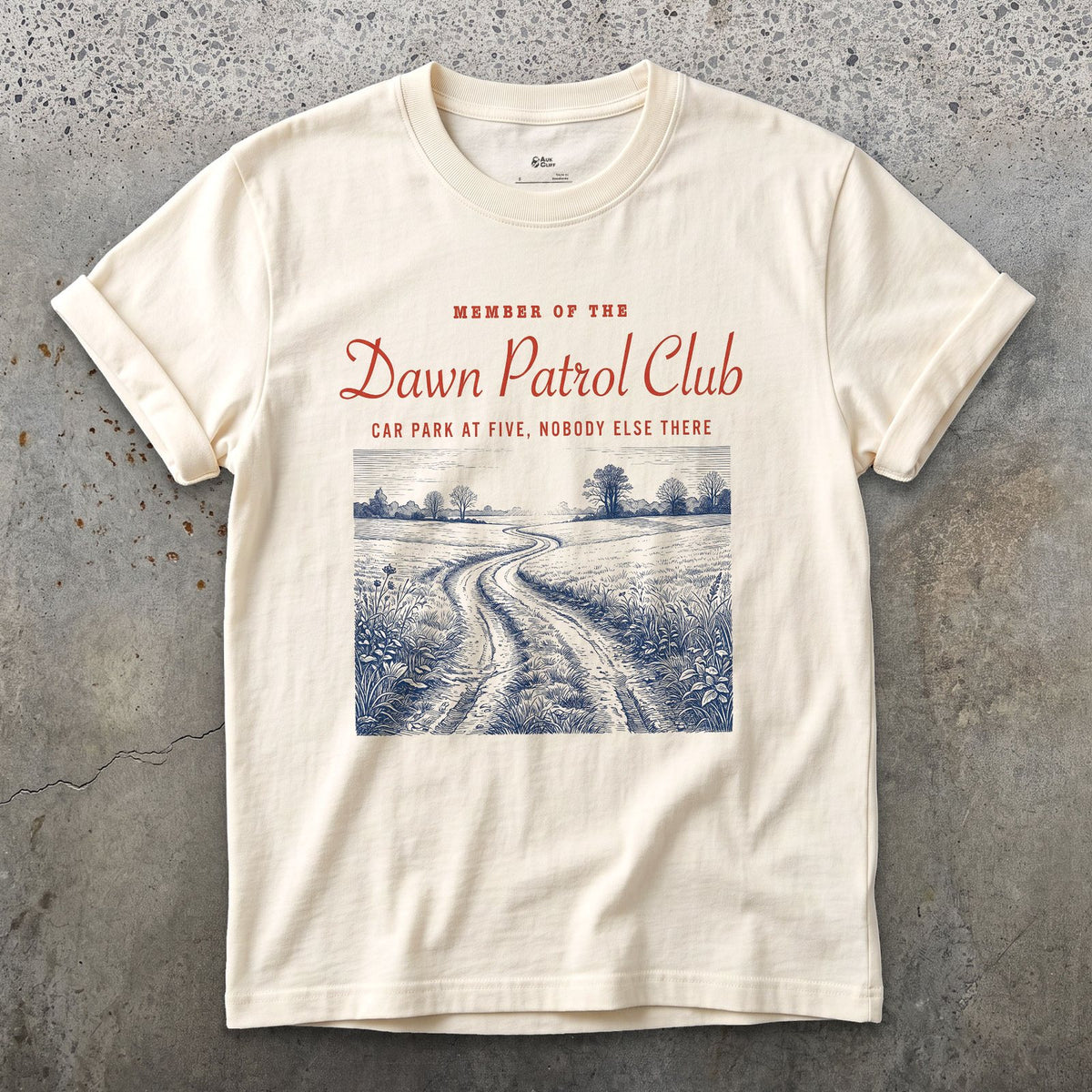 Dawn Patrol, Car Park at Five, Nobody Else There design on a Natural Gildan Softstyle t-shirt