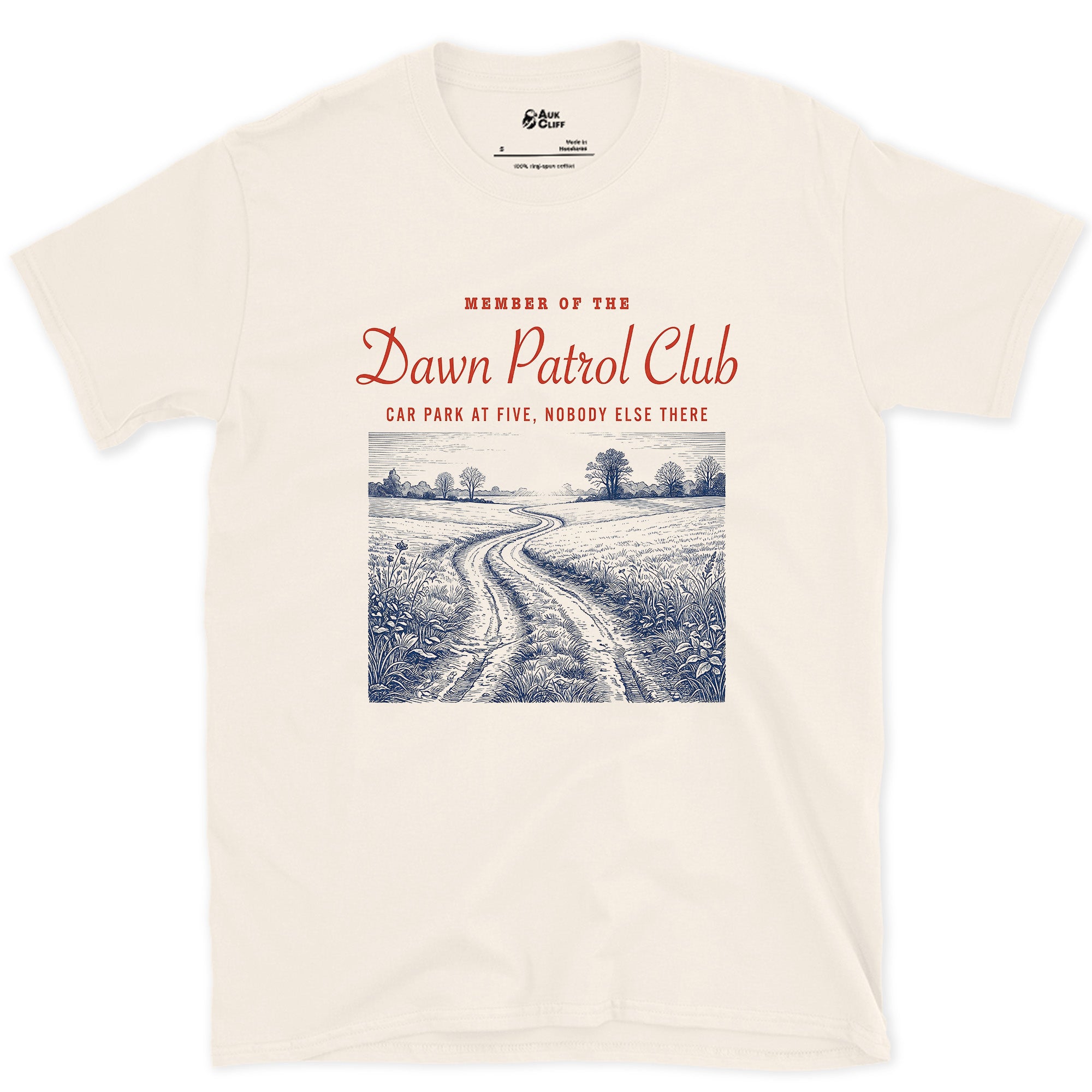 Dawn Patrol, Car Park at Five, Nobody Else There design on a Natural Gildan Softstyle t-shirt