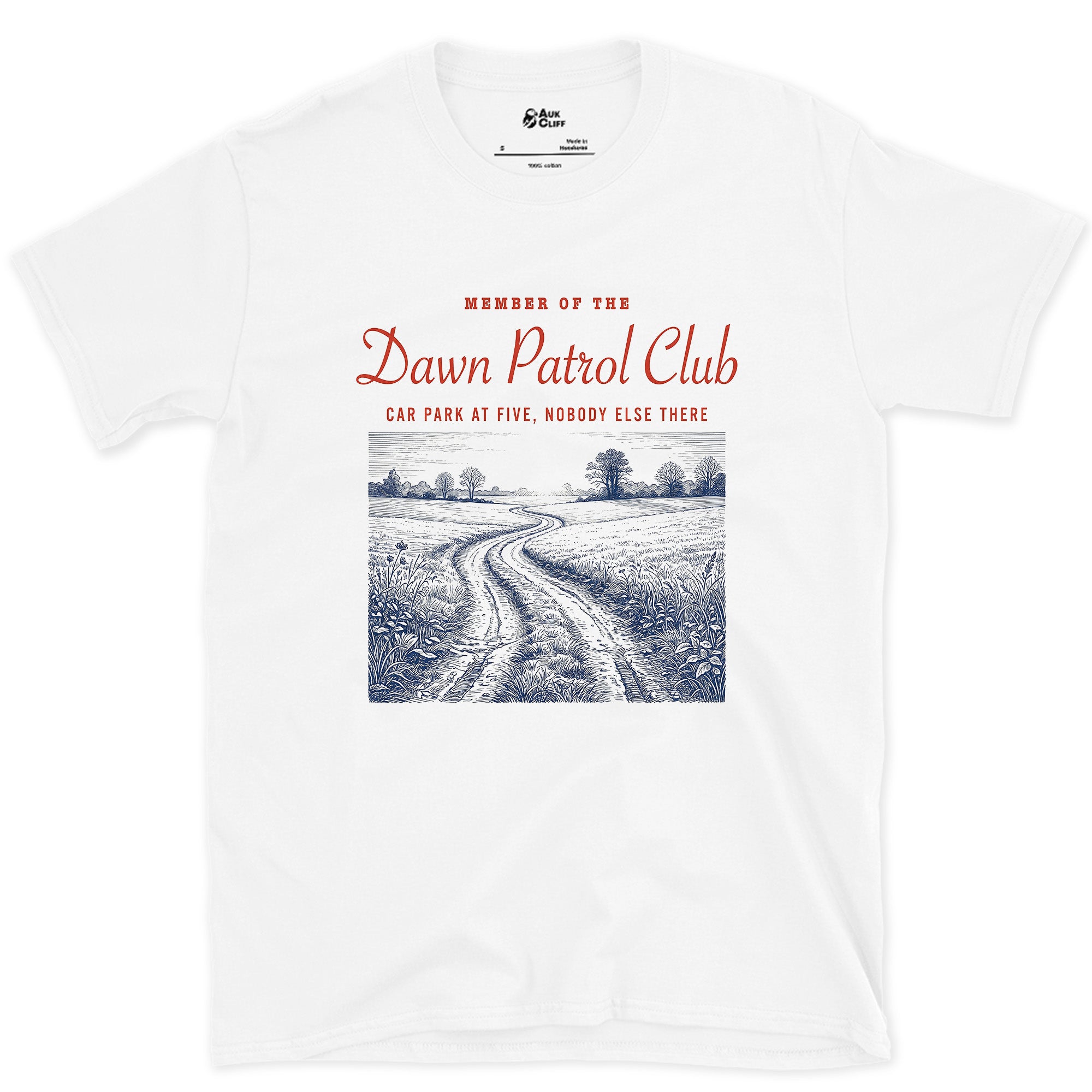 Dawn Patrol, Car Park at Five, Nobody Else There design on a White Gildan Softstyle t-shirt