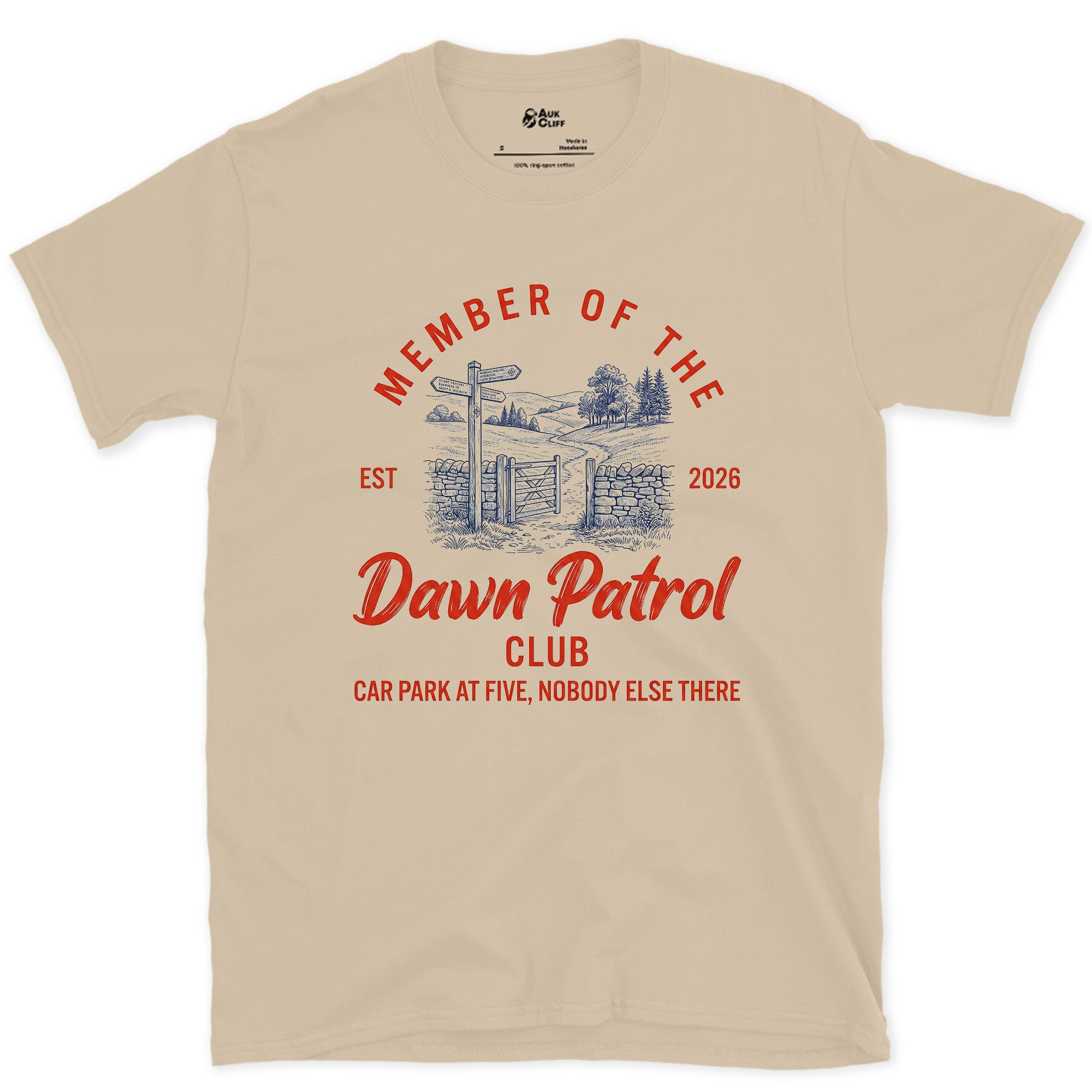 Dawn Patrol Club, Car Park at Five design on a Sand Gildan Softstyle t-shirt
