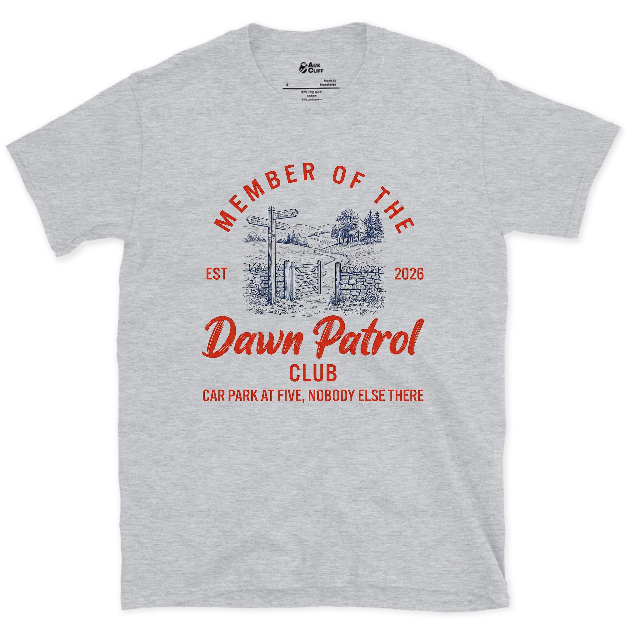 Dawn Patrol Club, Car Park at Five design on a Sport Grey Gildan Softstyle t-shirt