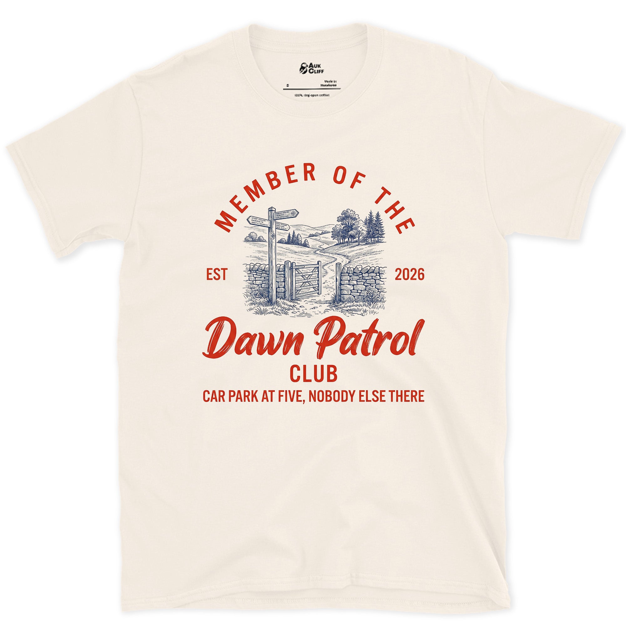 Dawn Patrol Club, Car Park at Five design on a Natural Gildan Softstyle t-shirt