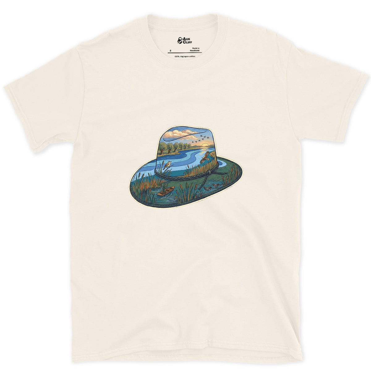 Dawn in the Reedbed, Field Hat design on a Natural Gildan Softstyle t-shirt