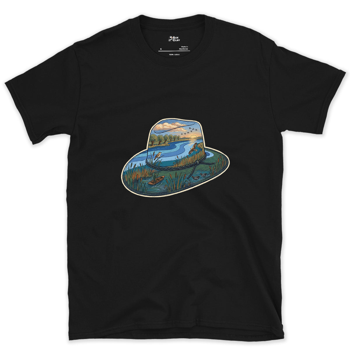 Dawn in the Reedbed, Field Hat design on a Black Gildan Softstyle t-shirt