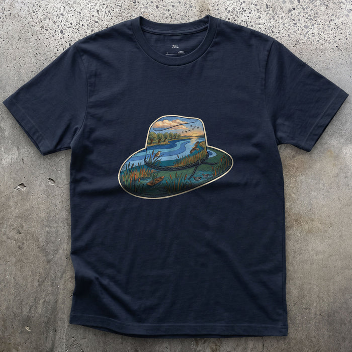 Dawn in the Reedbed, Field Hat design on a Navy Gildan Softstyle t-shirt