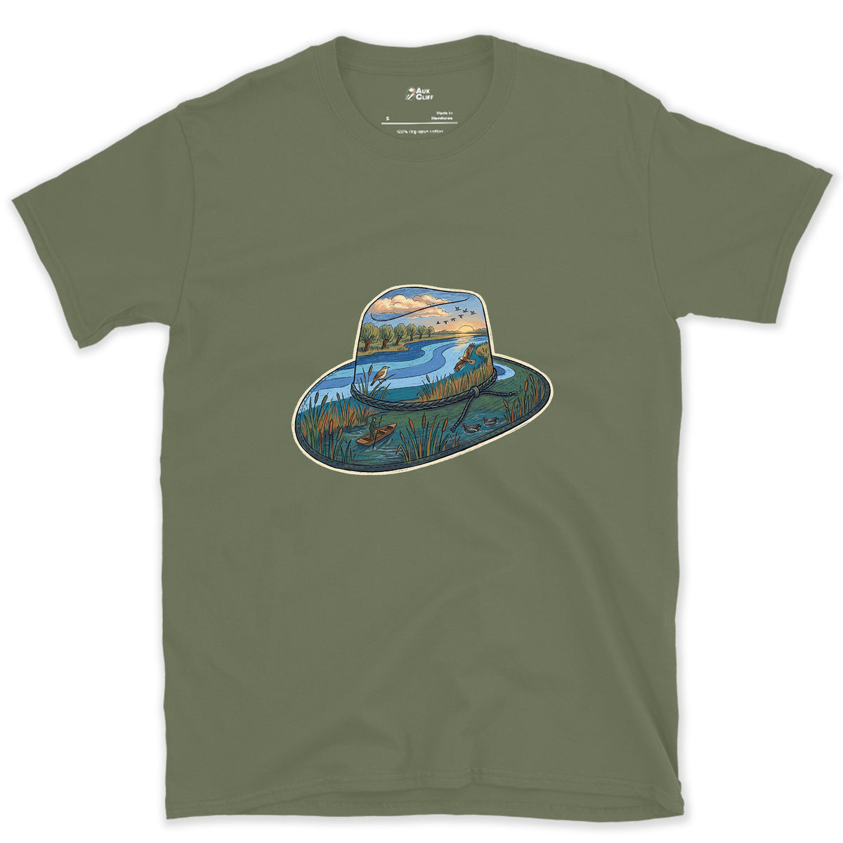 Dawn in the Reedbed, Field Hat design on a Military Green Gildan Softstyle t-shirt