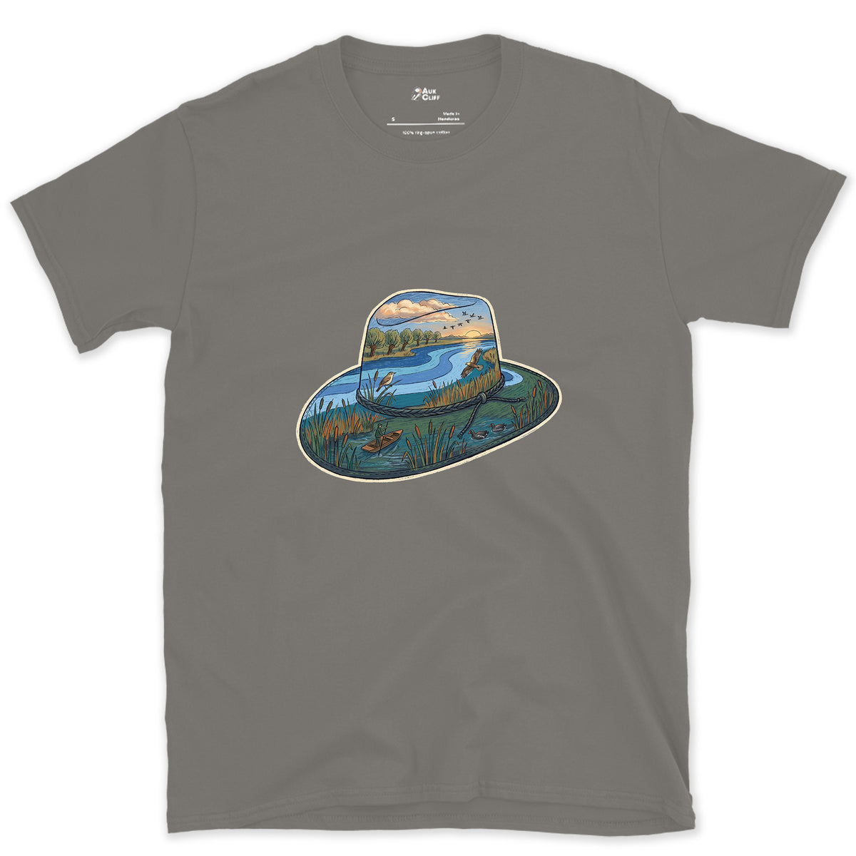 Dawn in the Reedbed, Field Hat design on a Charcoal Gildan Softstyle t-shirt