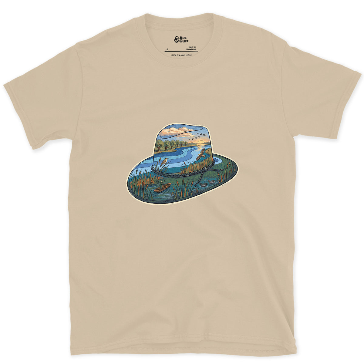 Dawn in the Reedbed, Field Hat design on a Sand Gildan Softstyle t-shirt