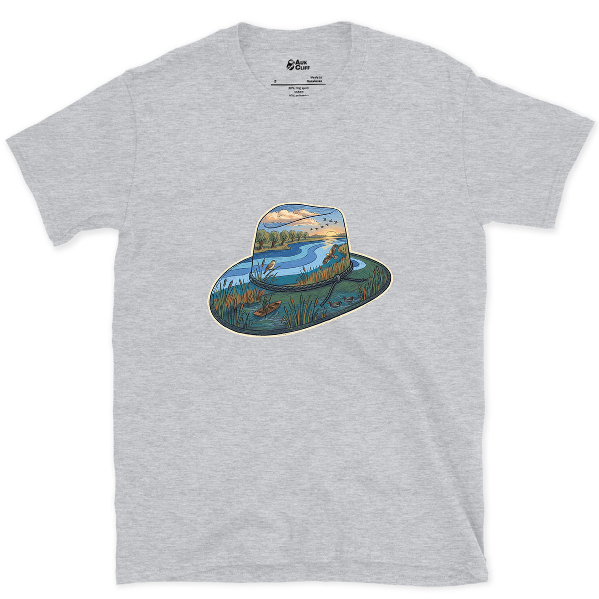 Dawn in the Reedbed, Field Hat design on a Sport Grey Gildan Softstyle t-shirt