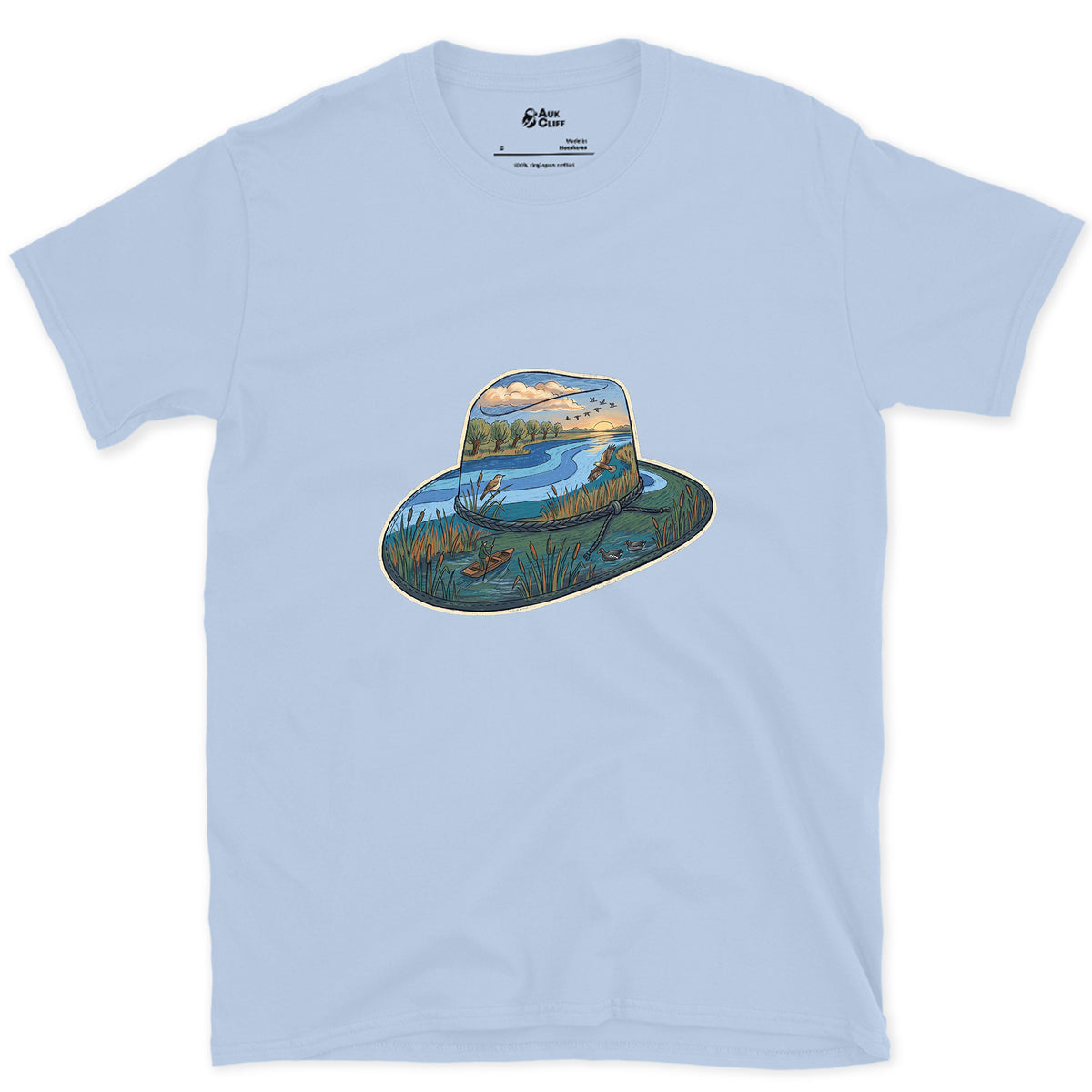 Dawn in the Reedbed, Field Hat design on a Light Blue Gildan Softstyle t-shirt