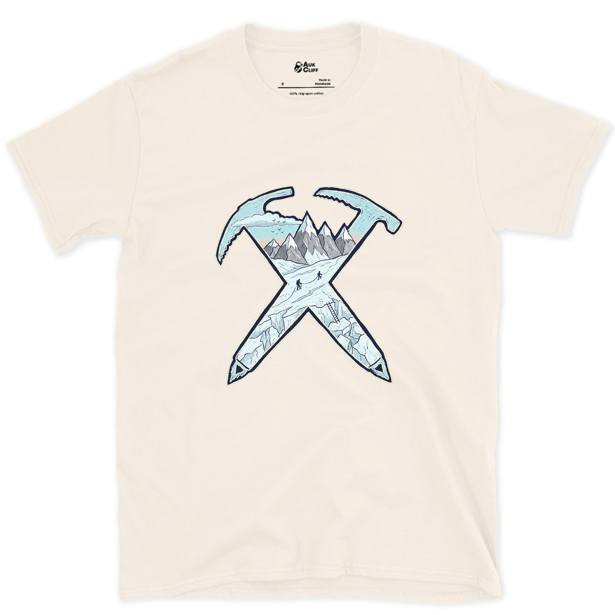 Dawn on the Glacier, Crossed Ice Axes design on a Natural Gildan Softstyle t-shirt