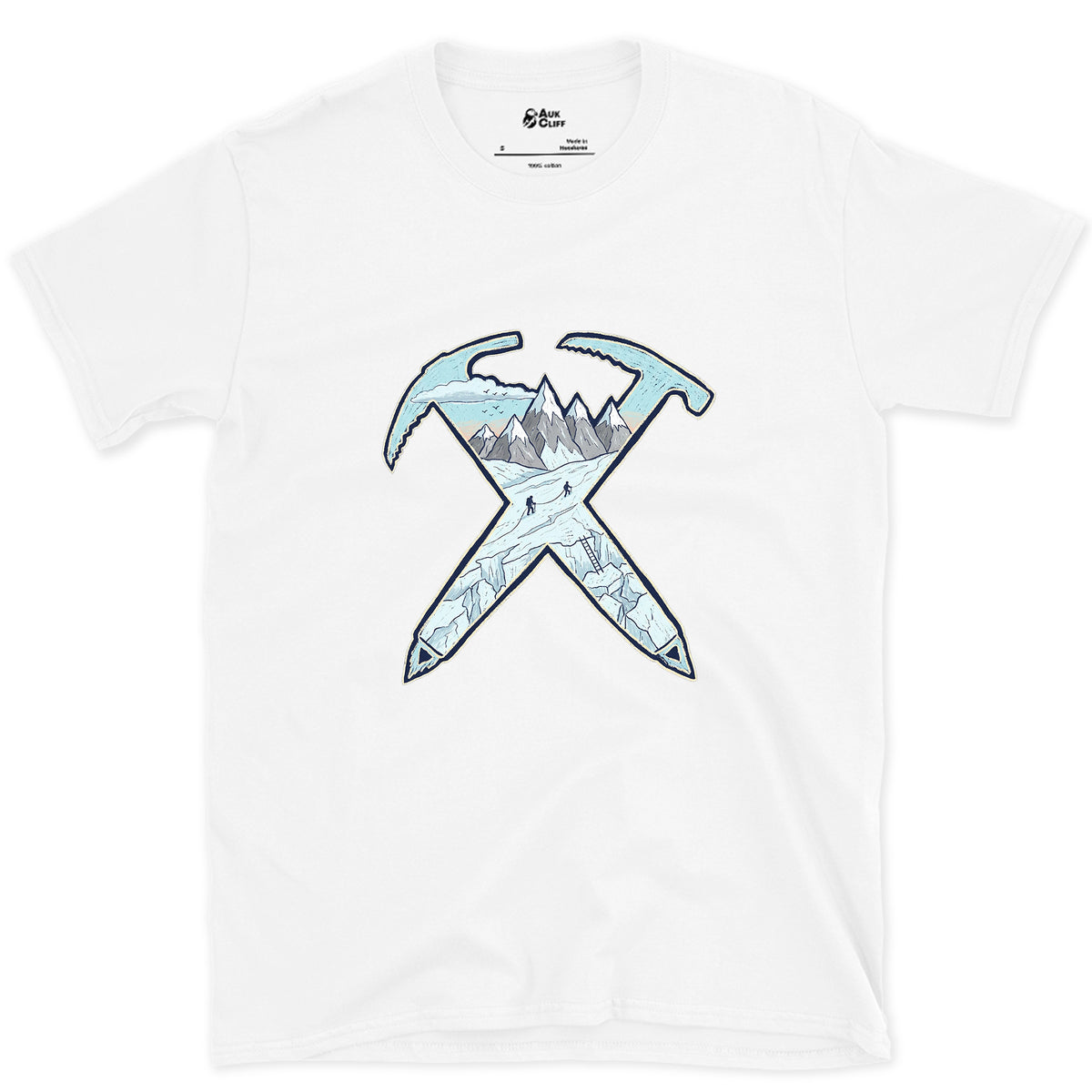 Dawn on the Glacier, Crossed Ice Axes design on a White Gildan Softstyle t-shirt