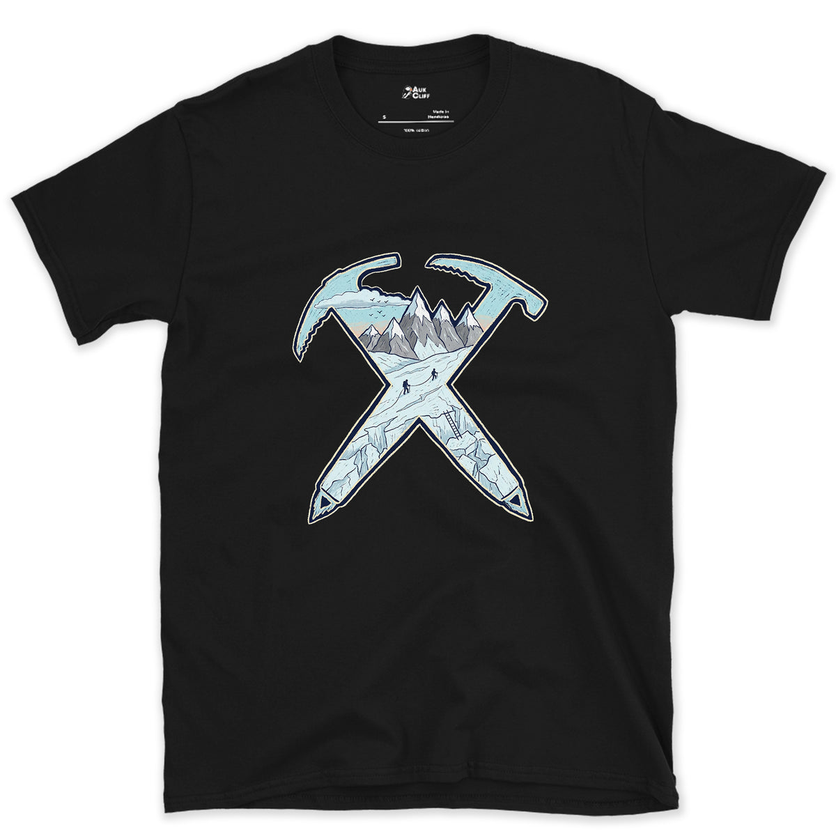 Dawn on the Glacier, Crossed Ice Axes design on a Black Gildan Softstyle t-shirt