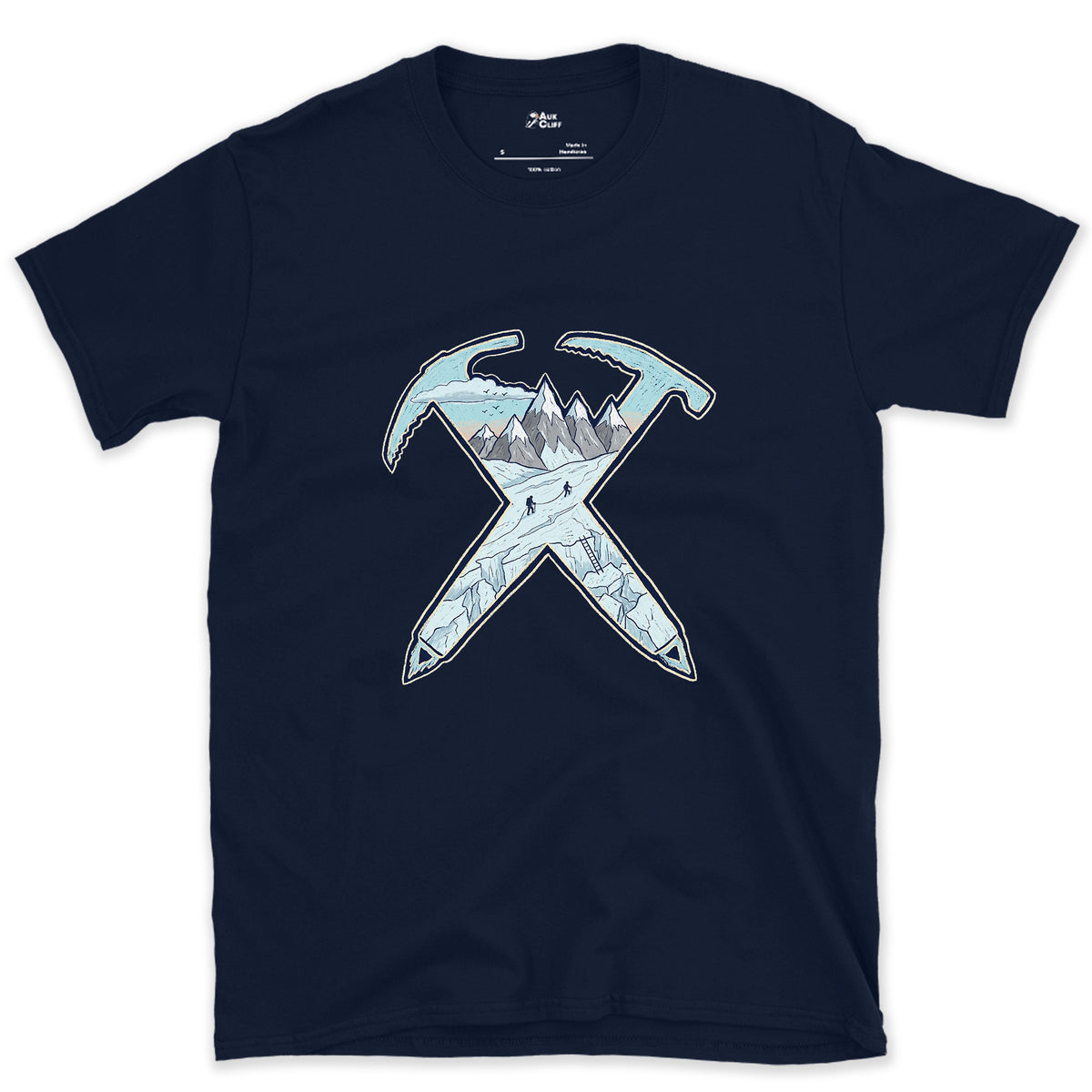 Dawn on the Glacier, Crossed Ice Axes design on a Navy Gildan Softstyle t-shirt