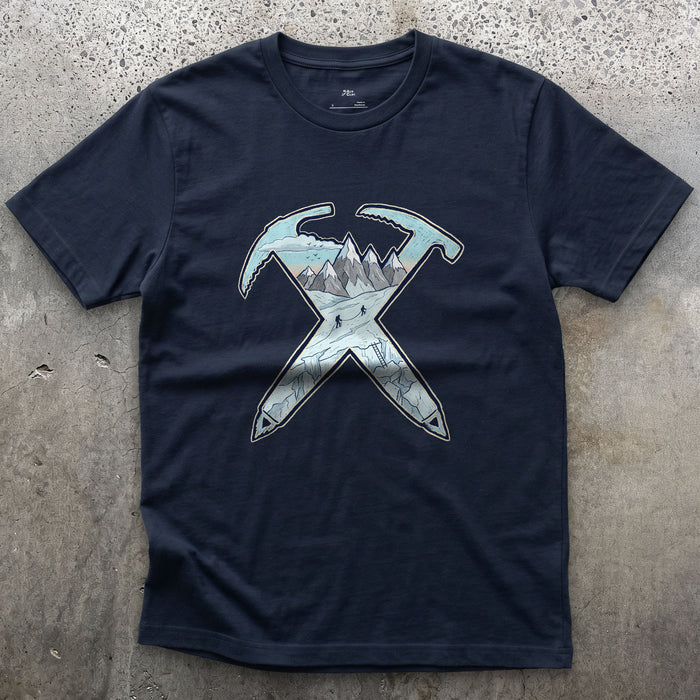 Dawn on the Glacier, Crossed Ice Axes design on a Navy Gildan Softstyle t-shirt