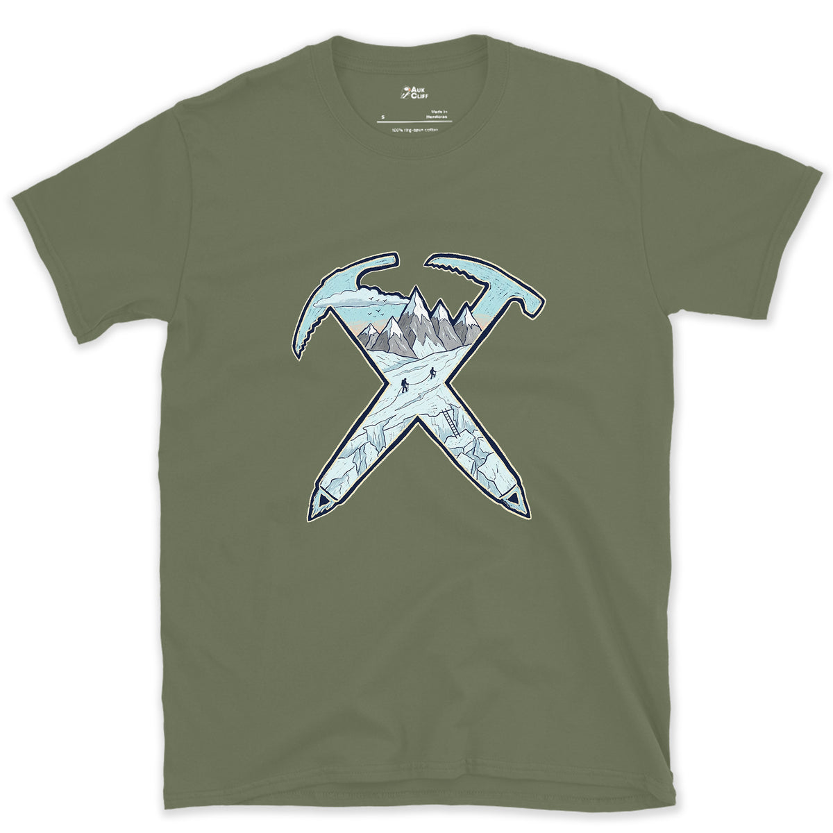 Dawn on the Glacier, Crossed Ice Axes design on a Military Green Gildan Softstyle t-shirt