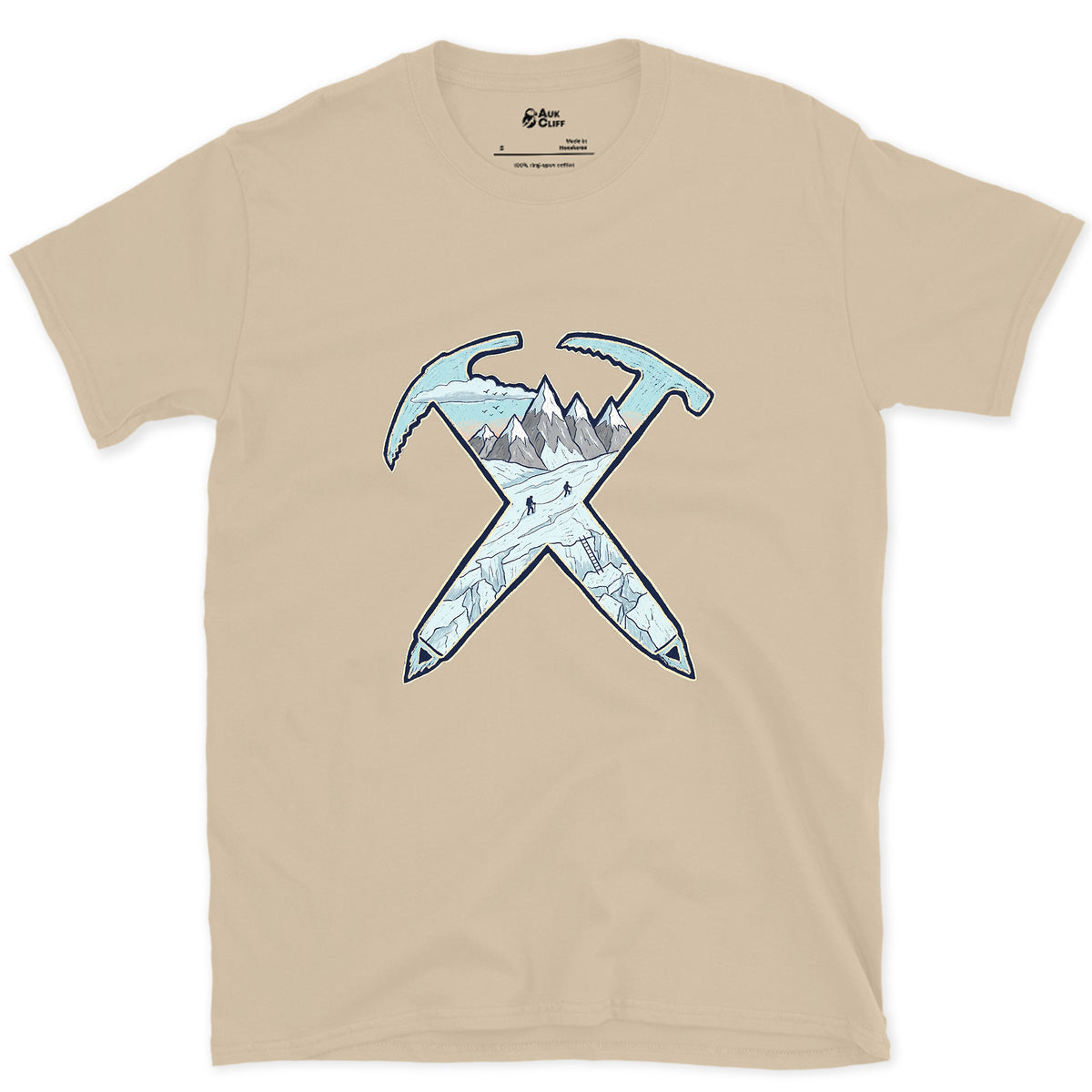 Dawn on the Glacier, Crossed Ice Axes design on a Sand Gildan Softstyle t-shirt
