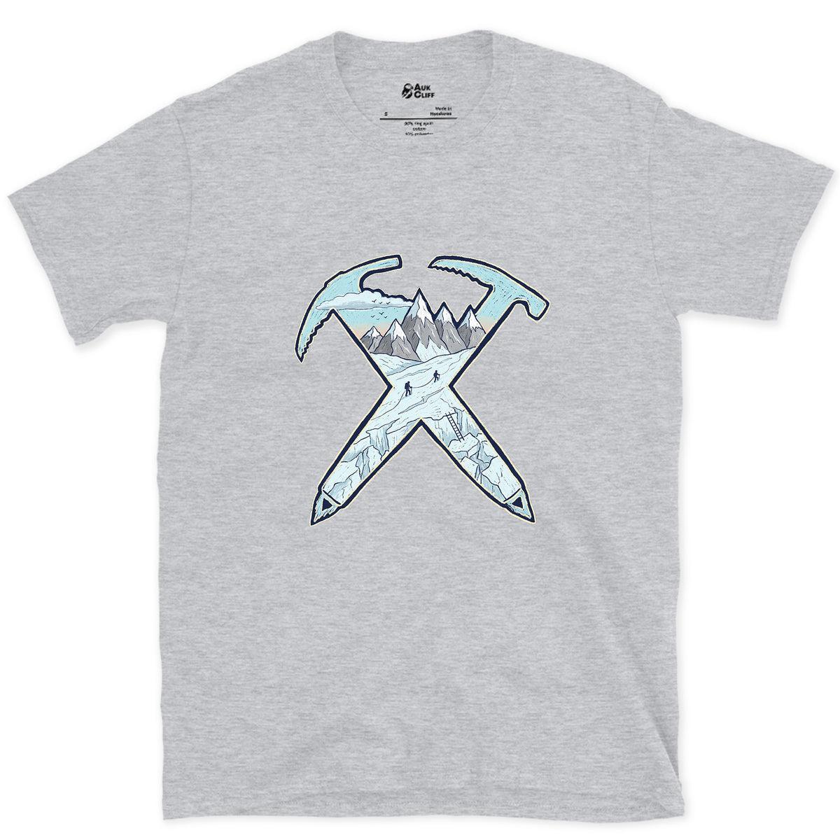 Dawn on the Glacier, Crossed Ice Axes design on a Sport Grey Gildan Softstyle t-shirt