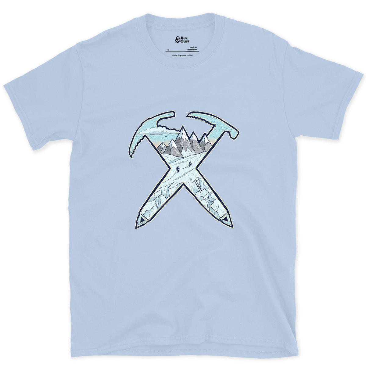 Dawn on the Glacier, Crossed Ice Axes design on a Light Blue Gildan Softstyle t-shirt
