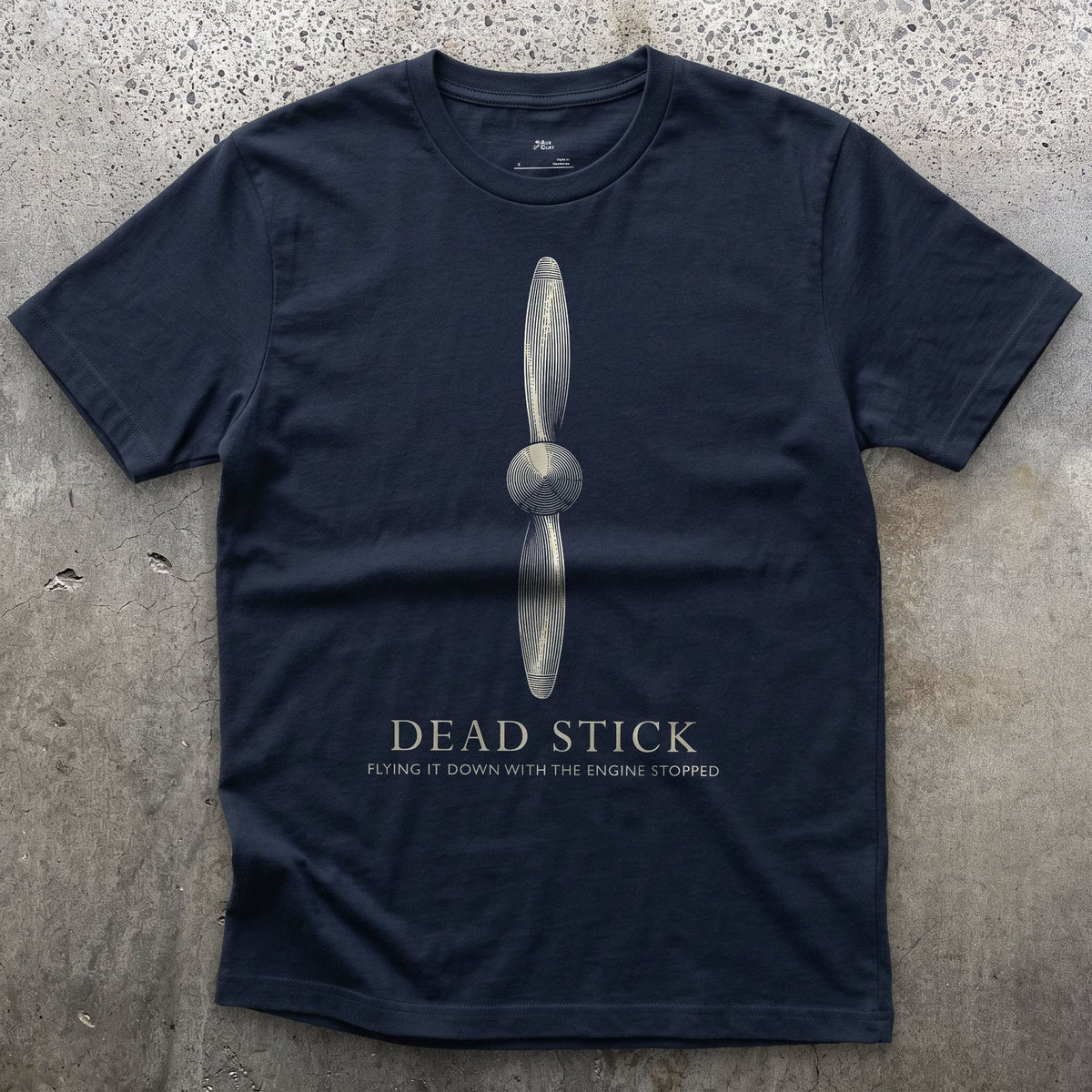Dead Stick, Engine Stopped design on a Navy Gildan Softstyle t-shirt