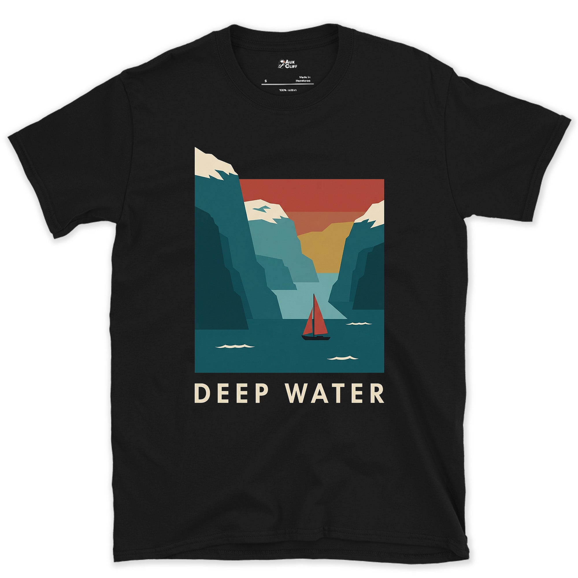 Deep Water, Sailboat Crossing the Mountain Fjord design on a Black Gildan Softstyle t-shirt