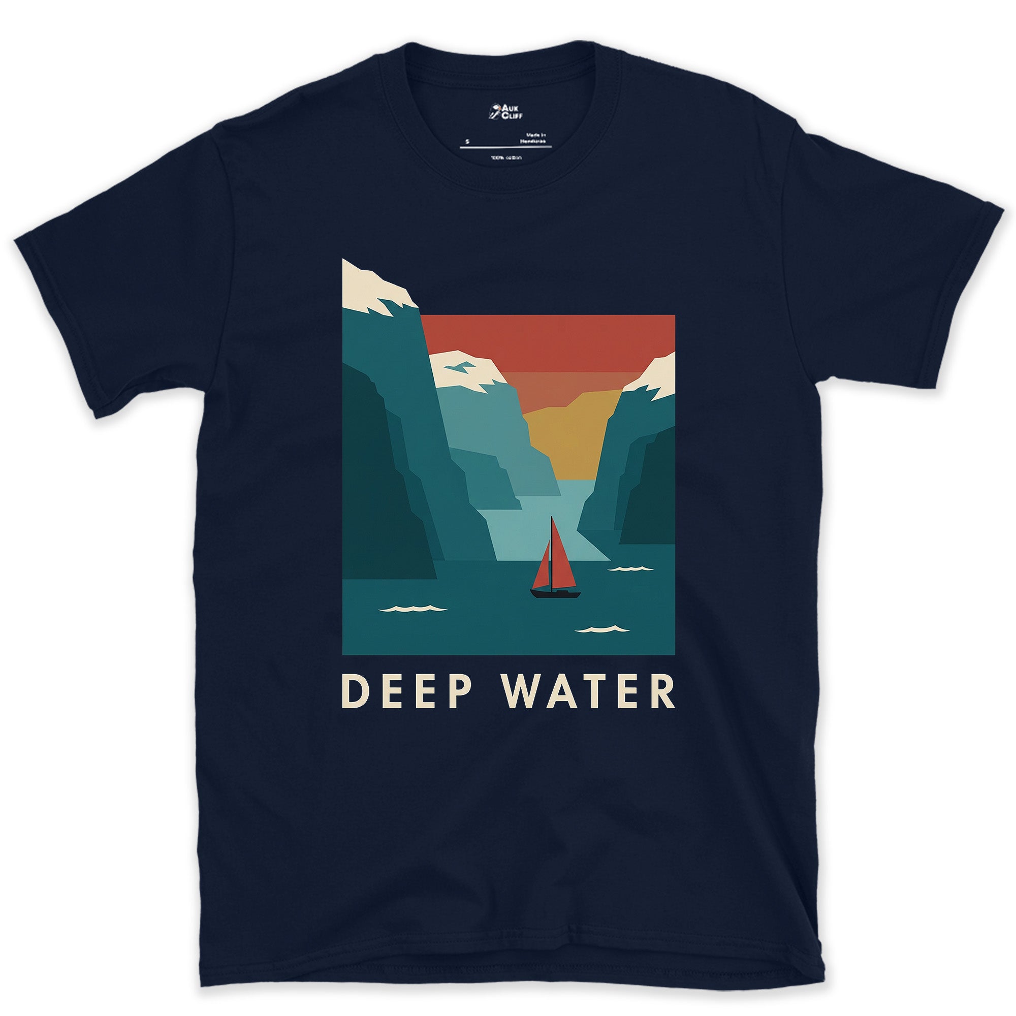 Deep Water, Sailboat Crossing the Mountain Fjord design on a Navy Gildan Softstyle t-shirt