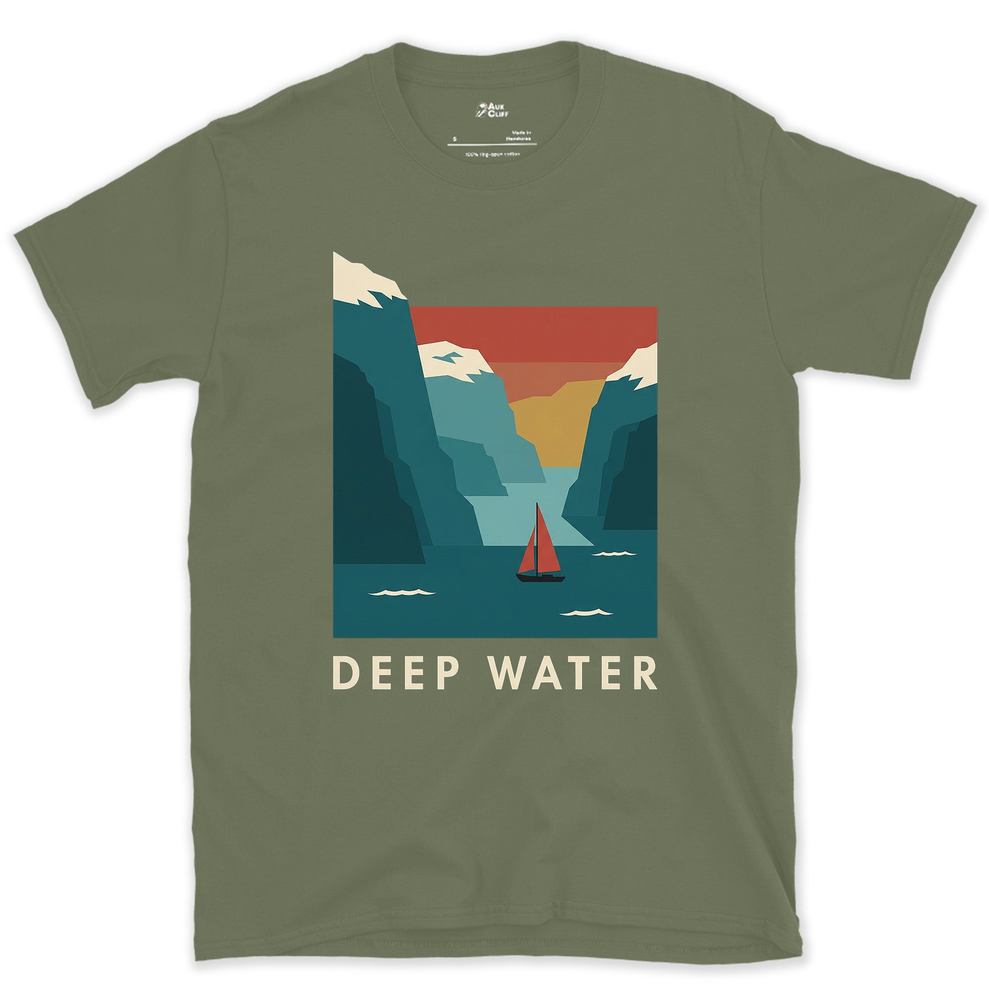 Deep Water, Sailboat Crossing the Mountain Fjord design on a Military Green Gildan Softstyle t-shirt