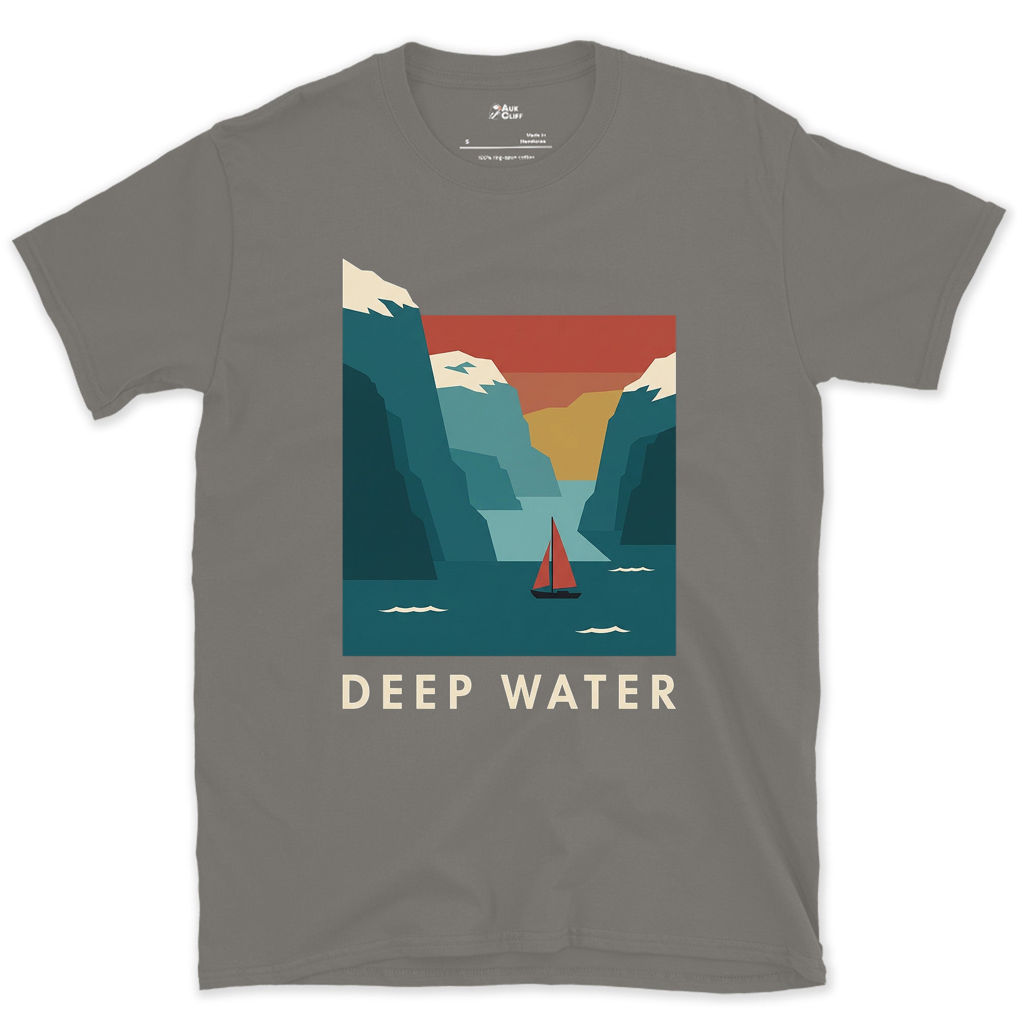 Deep Water, Sailboat Crossing the Mountain Fjord design on a Charcoal Gildan Softstyle t-shirt